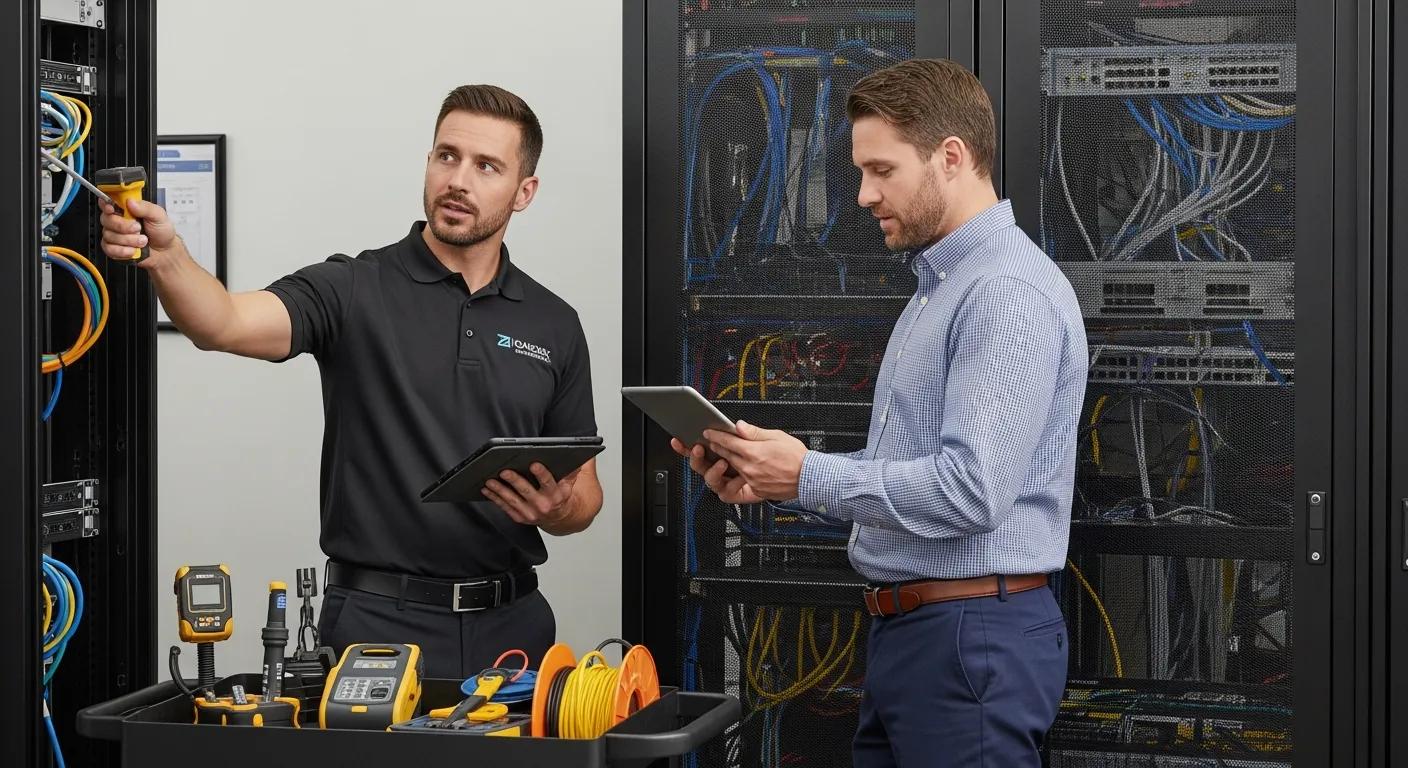 Technician performing a site survey for structured cabling with a business owner Technician performing a site survey for structured cabling with a business owner