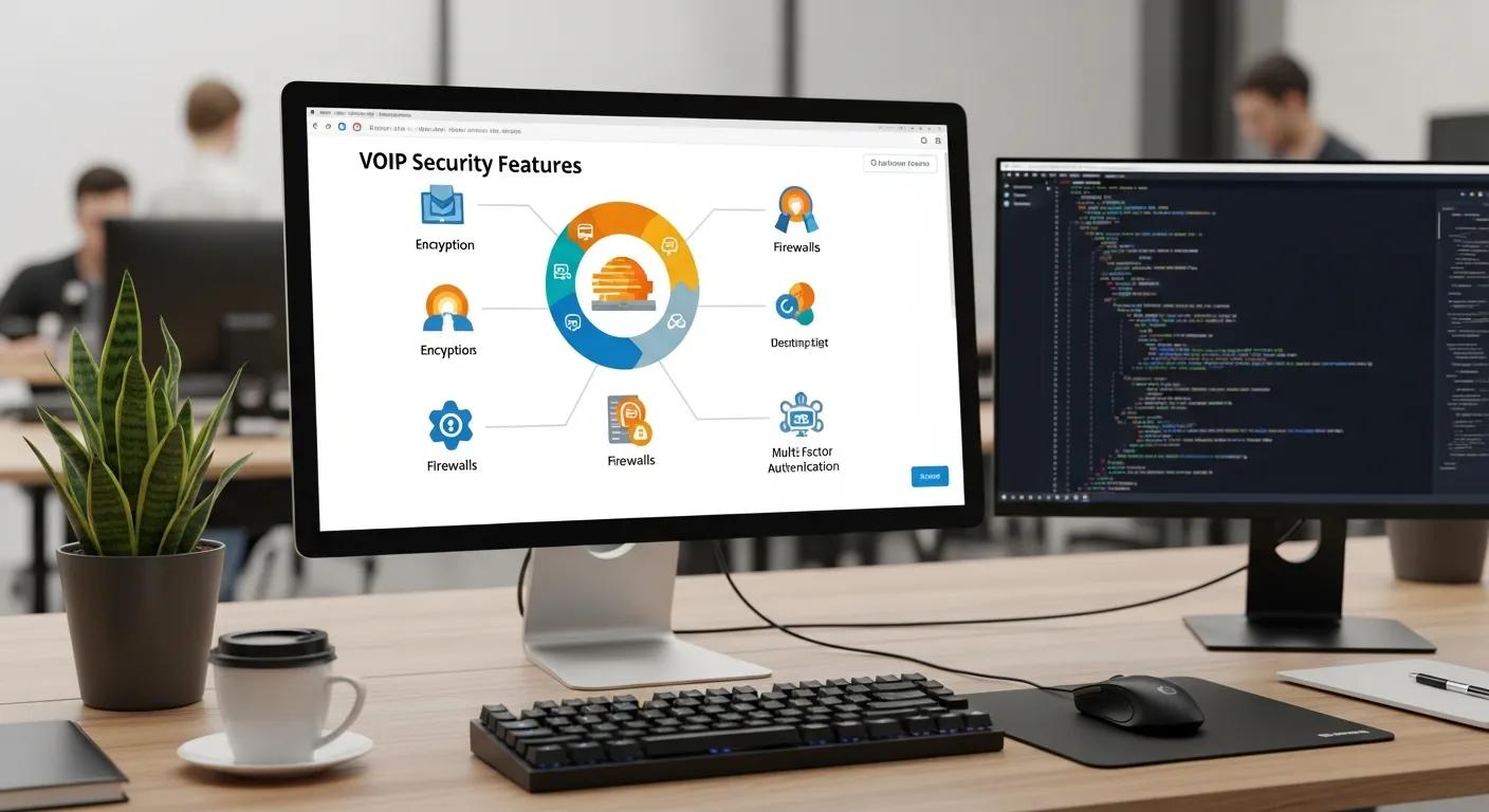 VoIP security features displayed on a computer screen in a tech workspace