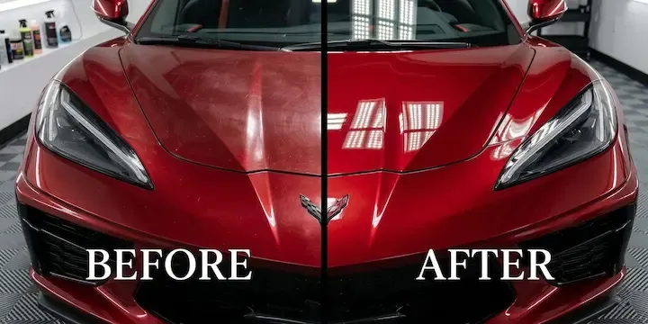 Before and after ceramic coating on a red corvette