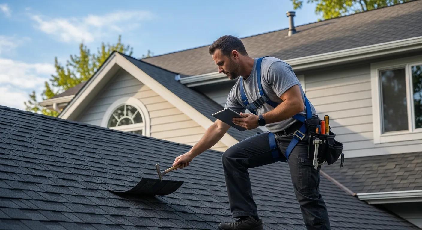 Certified roof inspector examining a residential roof