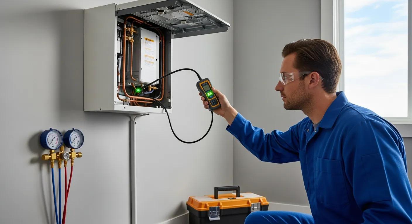Technician inspecting a mini-split for refrigerant leaks using a detection method Technician inspecting a mini-split for refrigerant leaks using a detection method