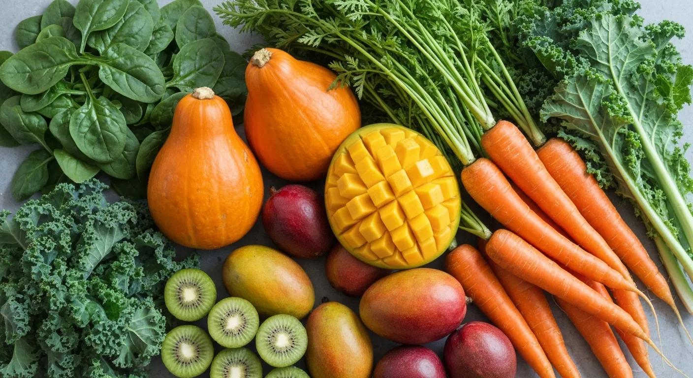 Carotenoid-rich fruits and vegetables arranged to highlight natural tanning ingredients