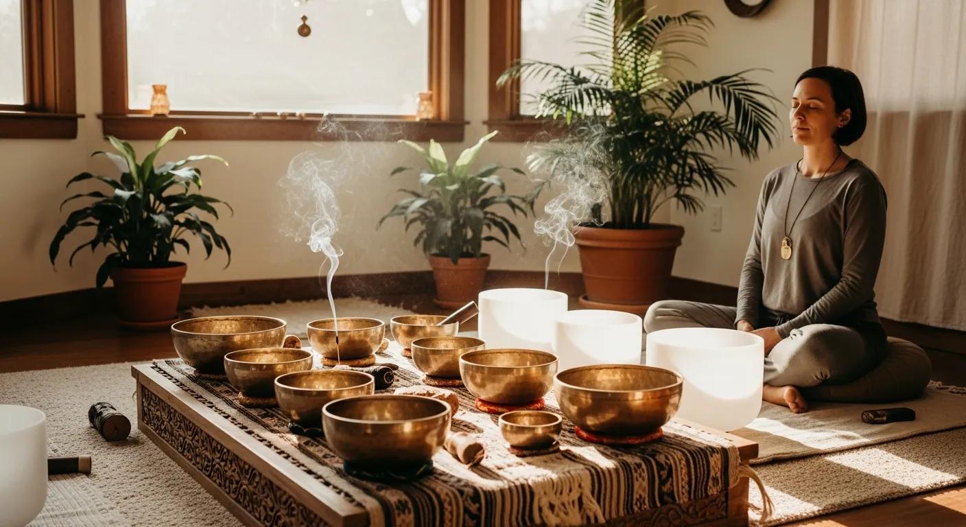 Private sound healing session setup with a client and singing bowls in a serene environment