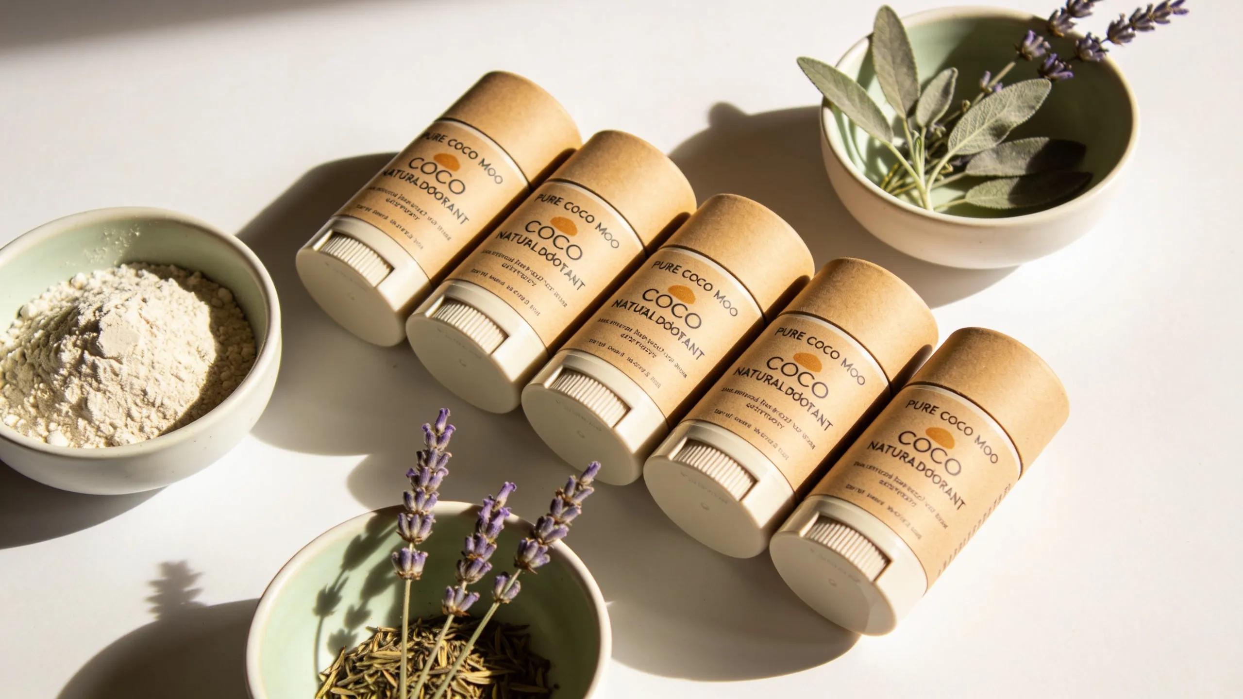 Pure Coco Moo natural deodorants with eco-friendly packaging surrounded by herbal ingredients, representing clean living.