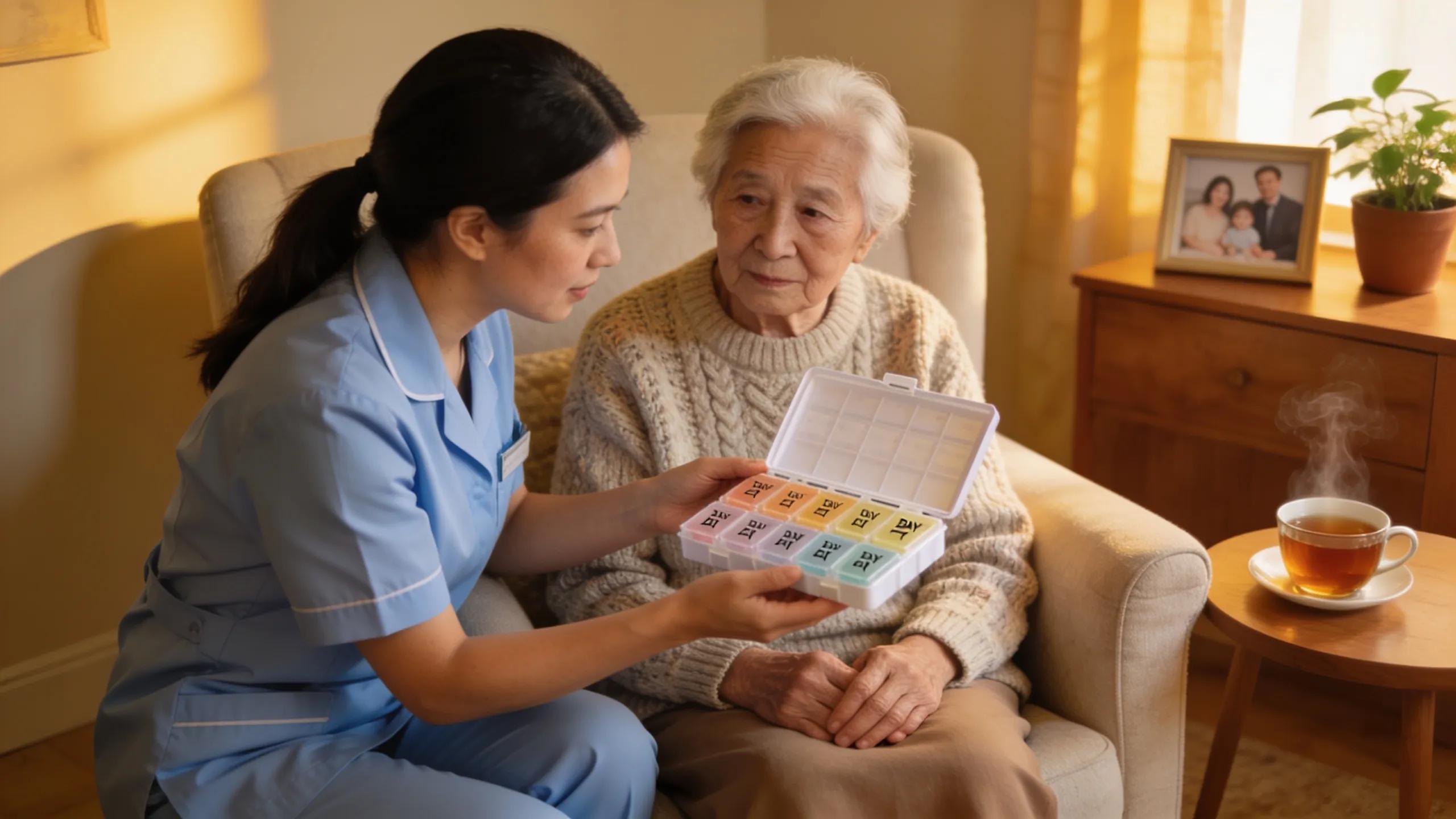 Caregiver assisting an older adult with organizing medications in a home setting