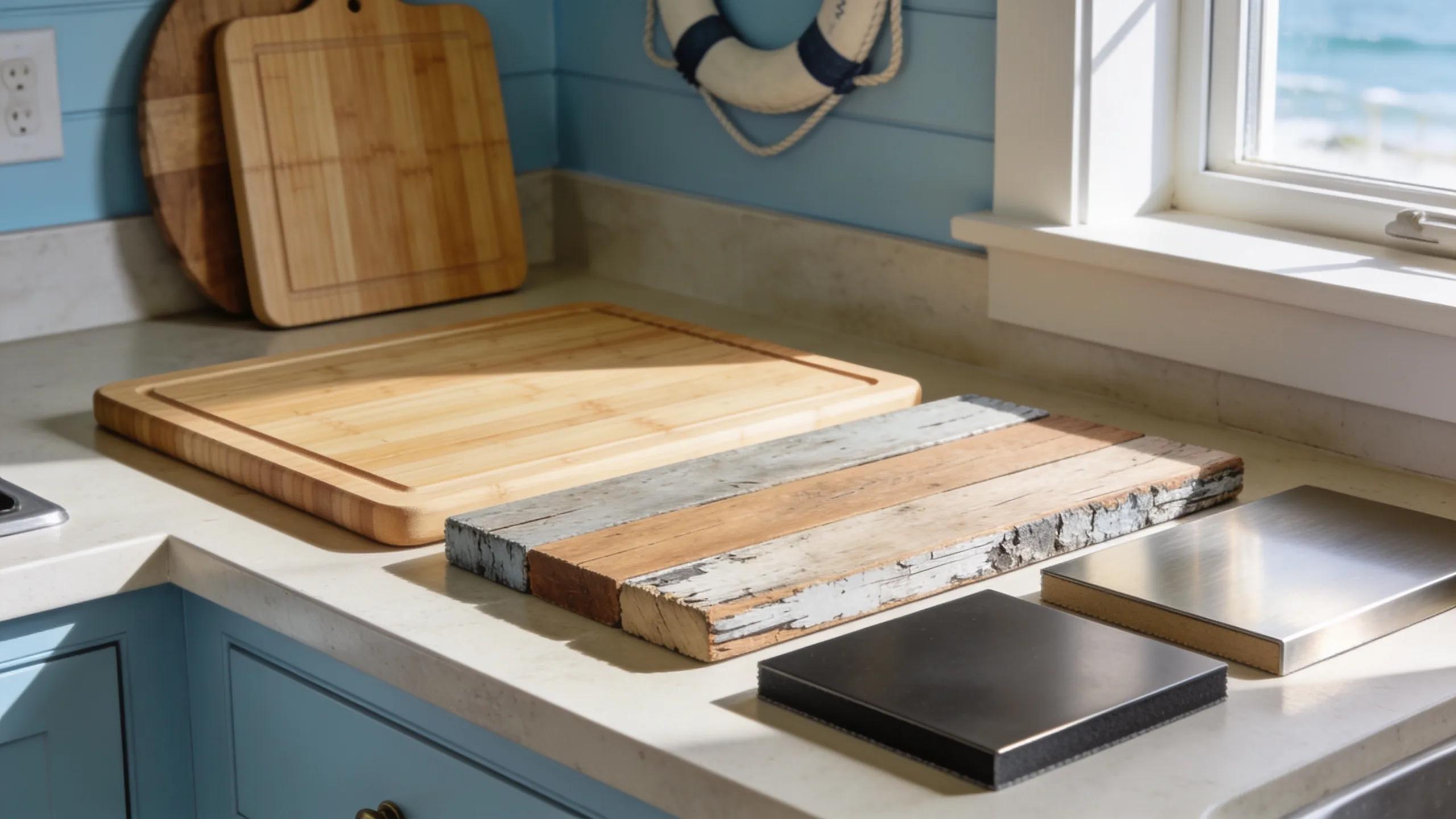 Sustainable materials for kitchen design, including bamboo and reclaimed wood samples Sustainable materials for kitchen design, including bamboo and reclaimed wood samples
