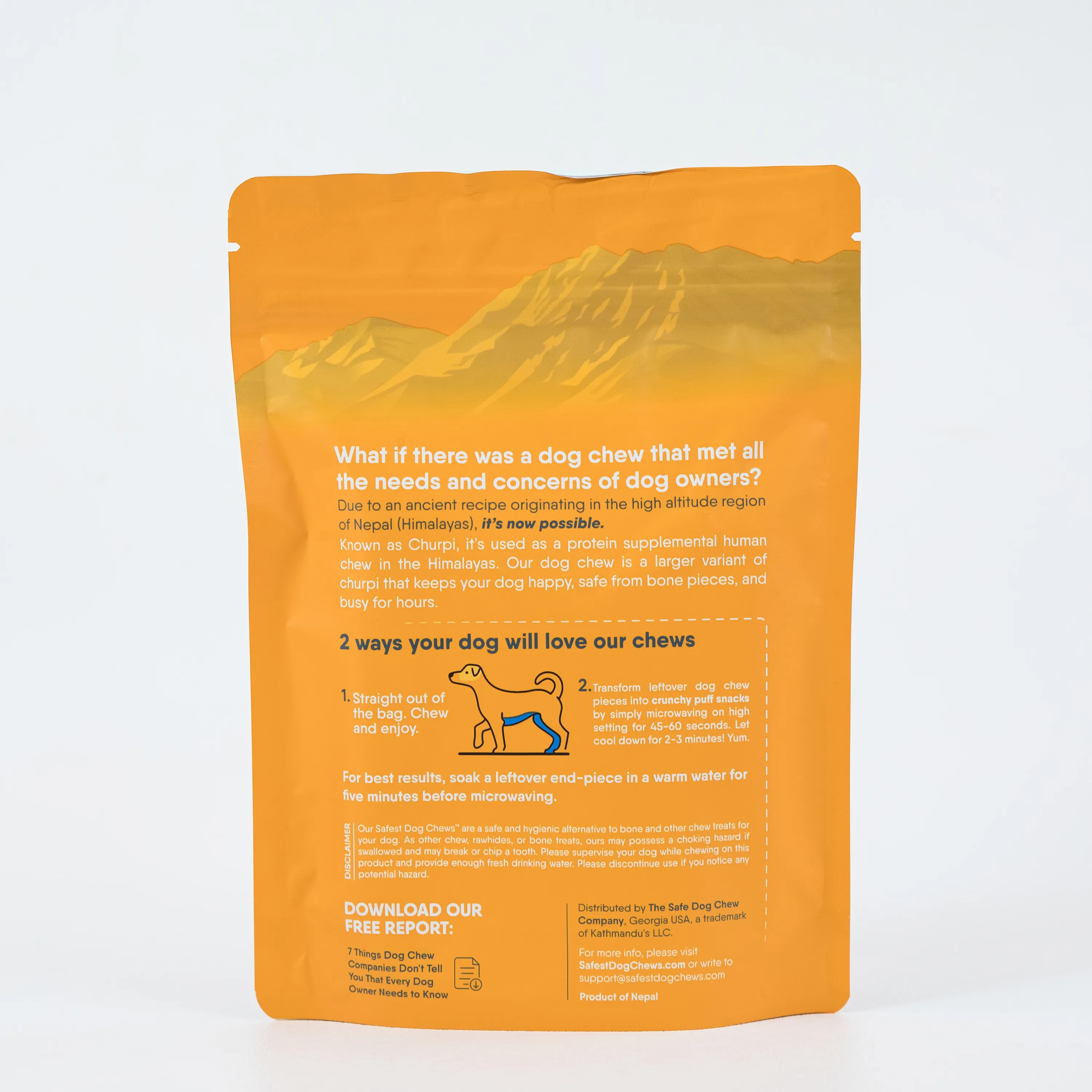 Brown dog chew packaging with mountain silhouettes and informational text
