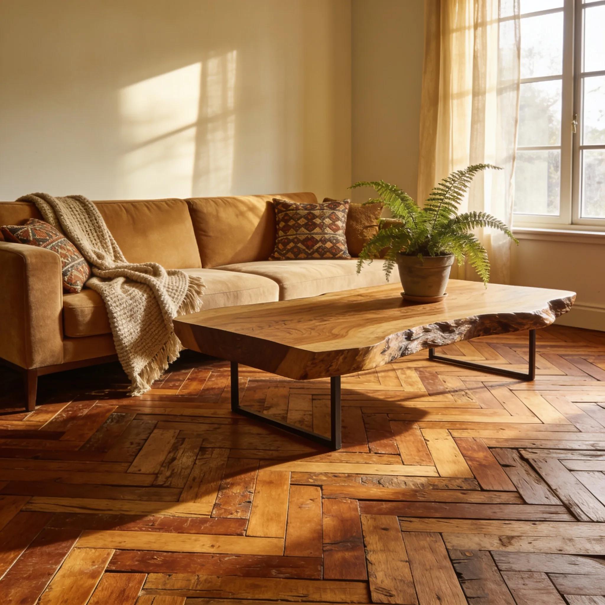 Warm, sunlit living room showcasing distinctive, eco-conscious flooring and curated furnishings