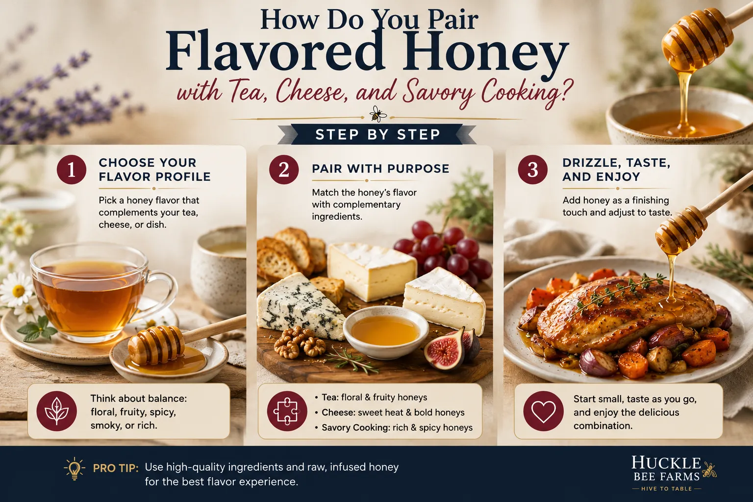 Step-by-step infographic showing how to pair flavored honey with tea, cheese, and savory dishes using complementary flavors for balanced and delicious combinations.