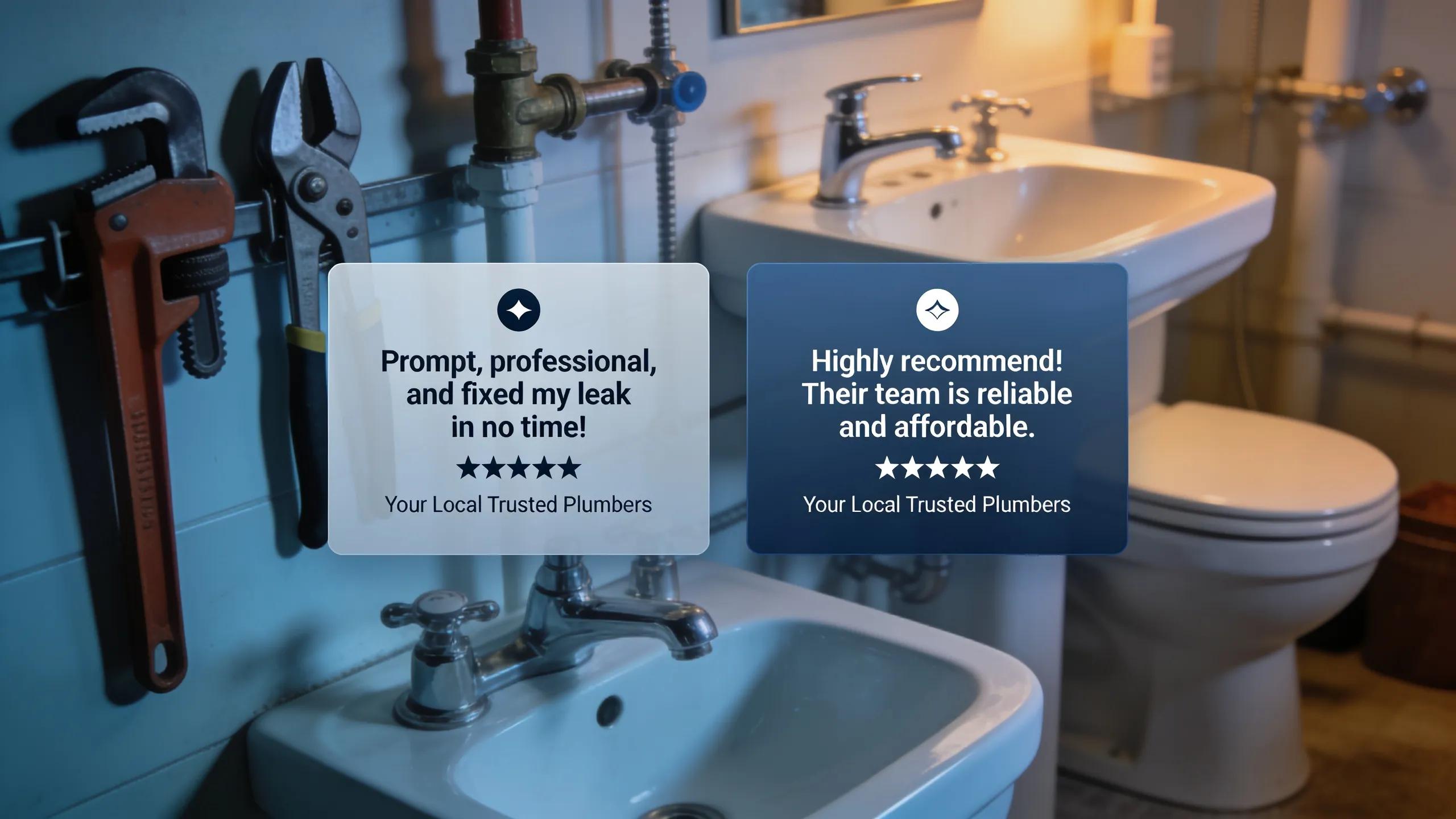 Showcase of trust signals like testimonials and reviews on a plumbing website