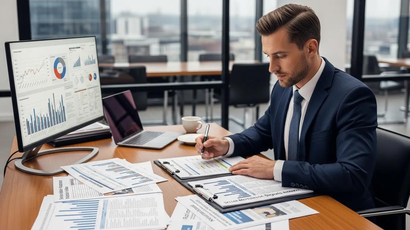 Financial analyst examining documents related to seller motivation signals in a professional setting