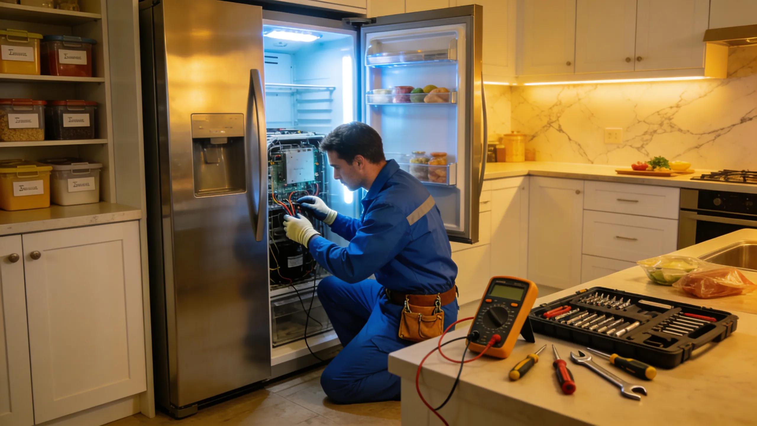Technician repairing a refrigerator in a modern kitchen, showcasing professional appliance repair service