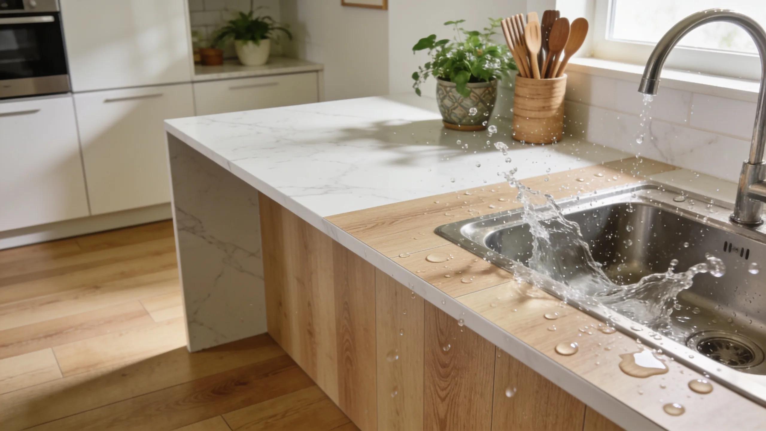 Water splashing onto kitchen countertop demonstrating waterproof LVP flooring.
