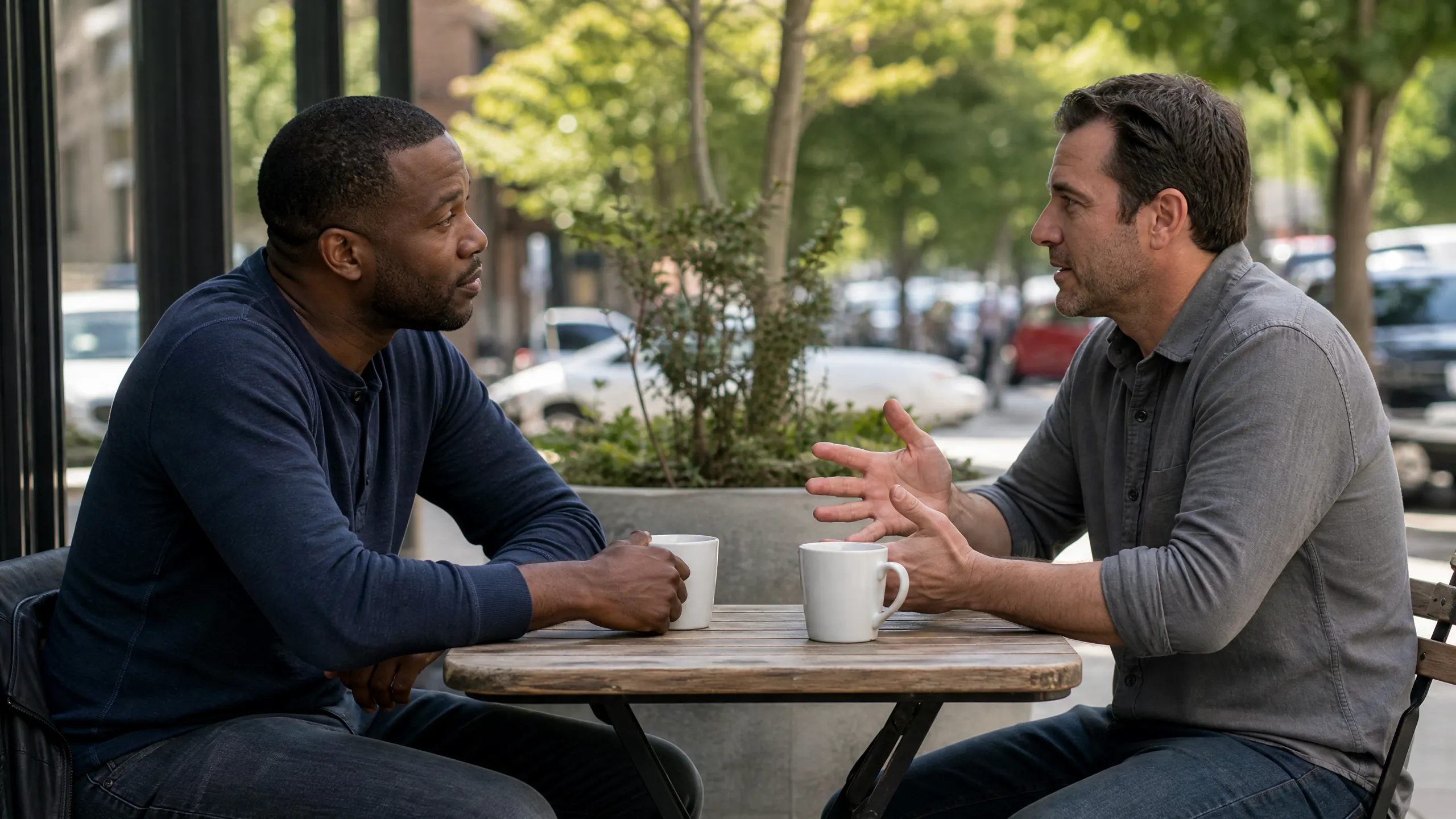 Two men in their 40s talking over coffee at an outdoor cafe table, unhurried conversation