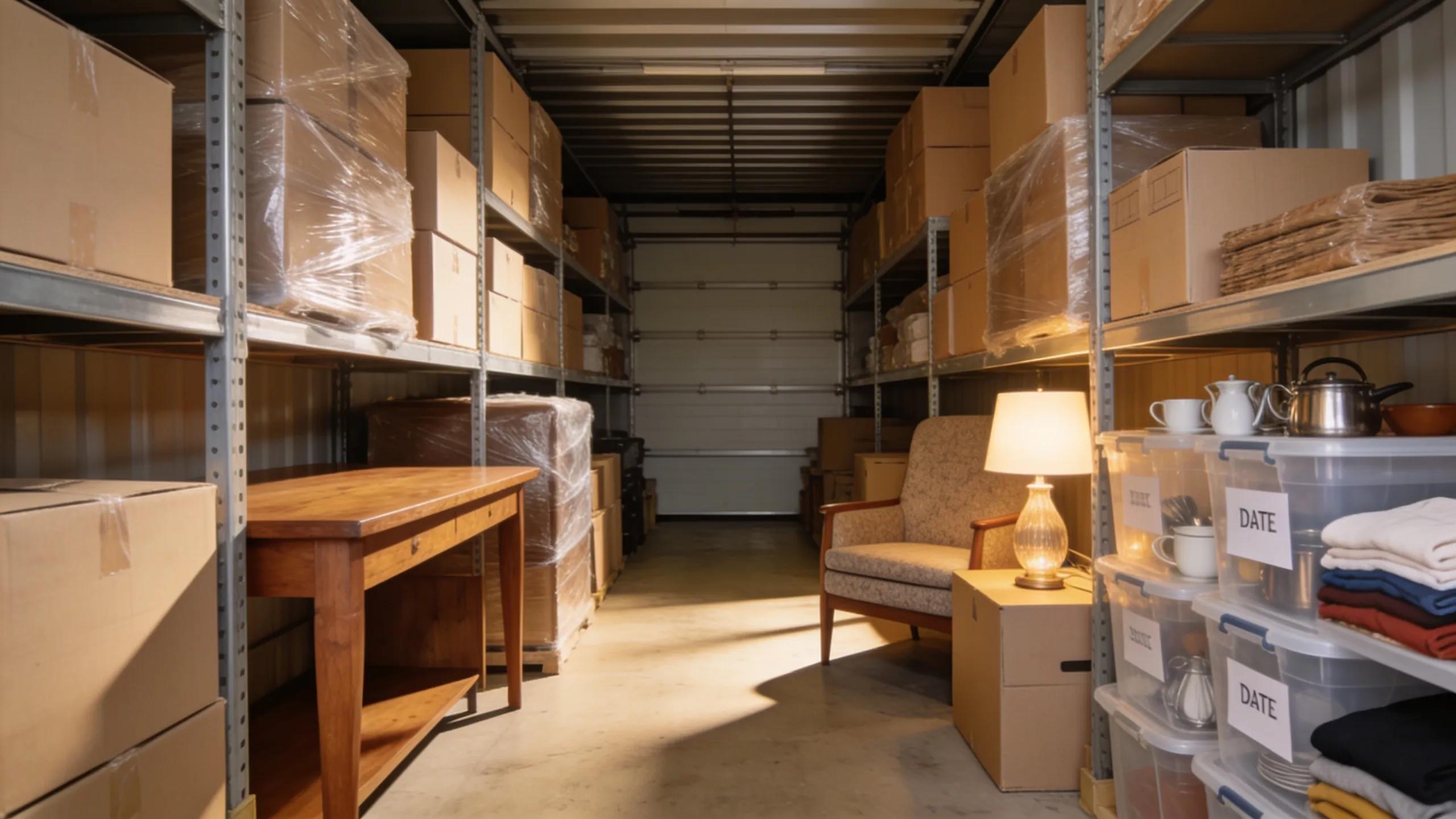 Organized storage unit showcasing various household items during relocation delays