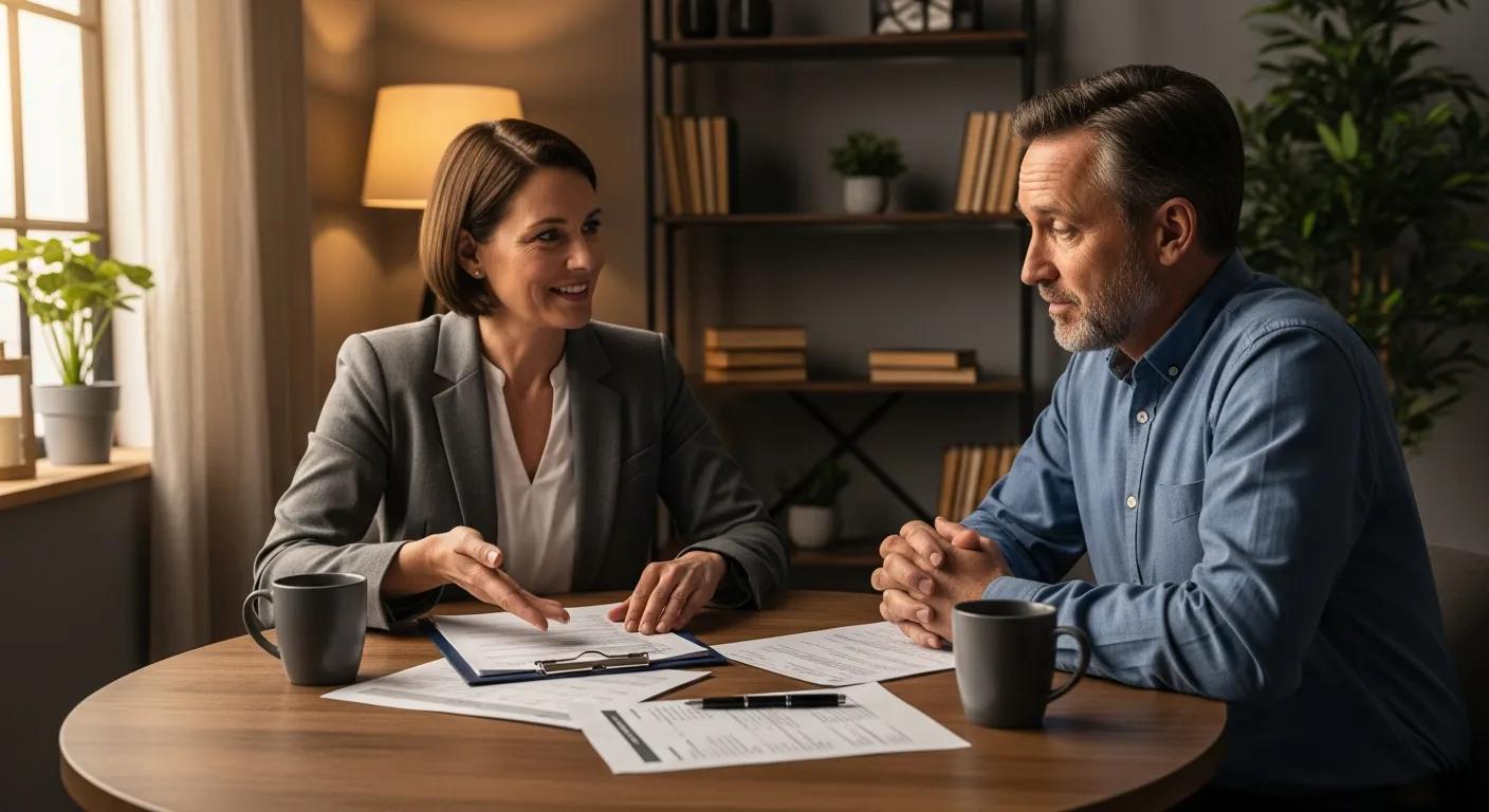 Financial advisor and borrower discussing loan modification in a cozy setting Financial advisor and borrower discussing loan modification in a cozy setting