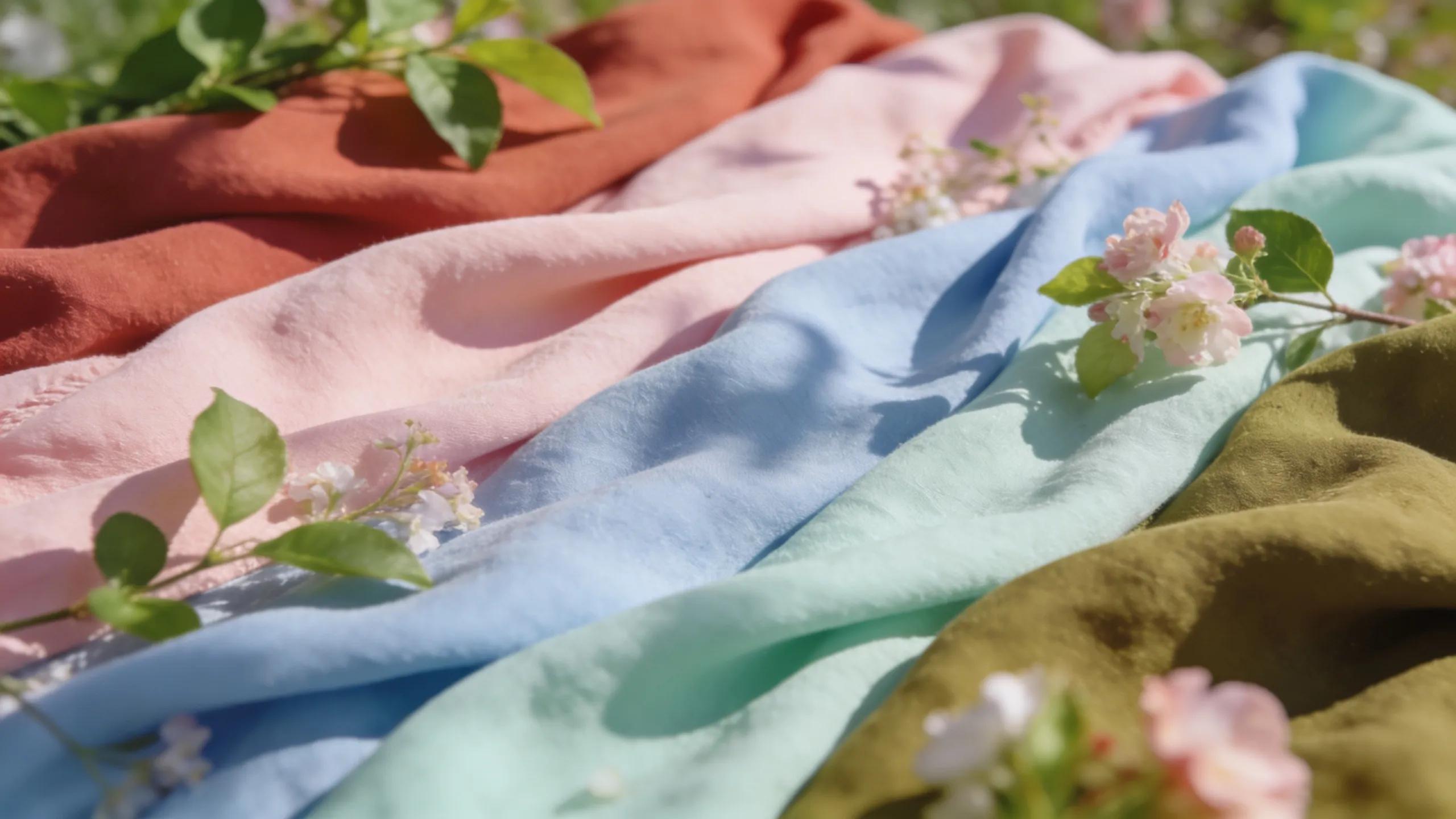 Textile display of pastel and earthy fabrics representing Buderim Boutique's spring collection.