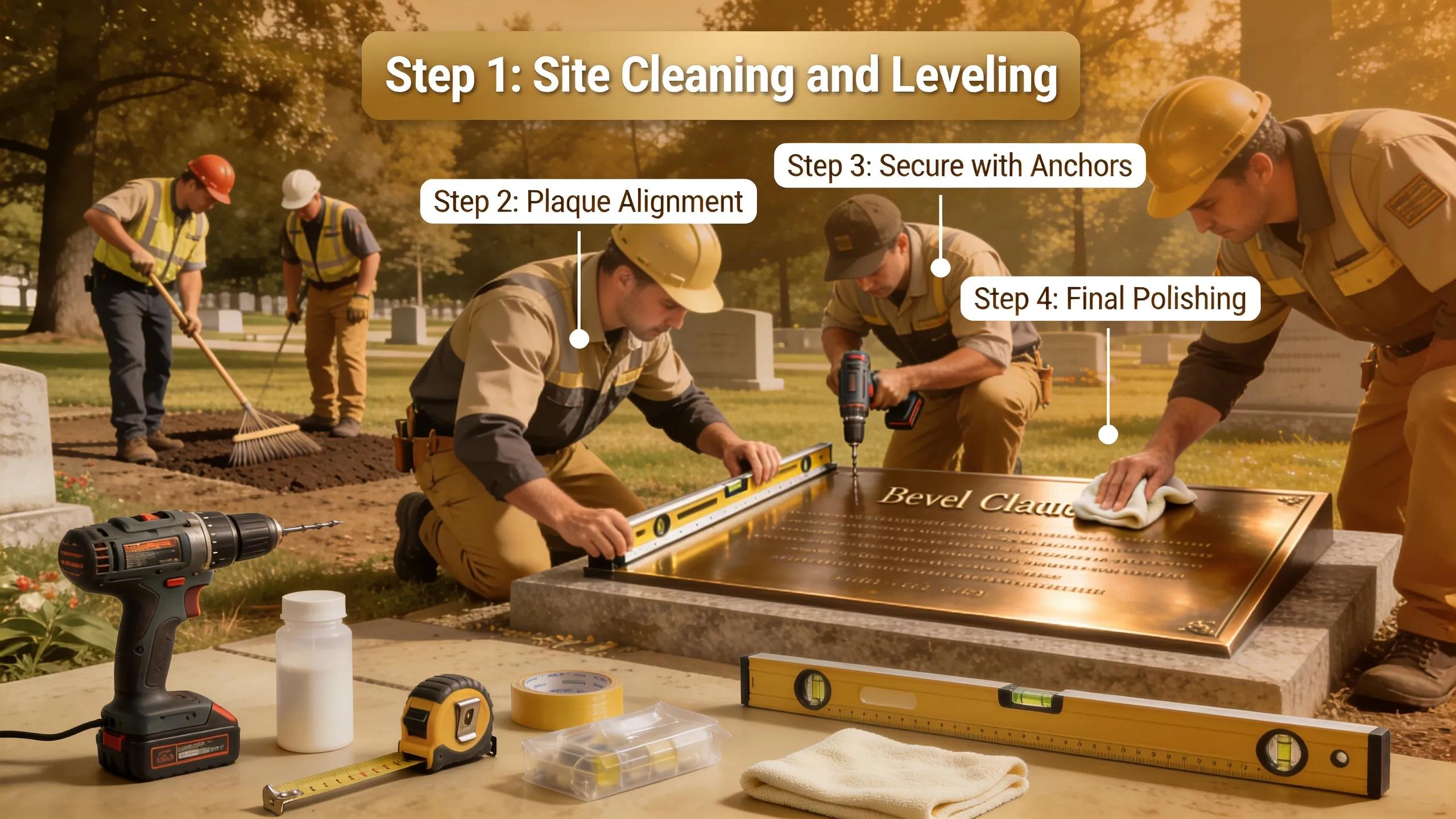 Installation of a bronze memorial plaque at a veterans memorial site with professionals and tools