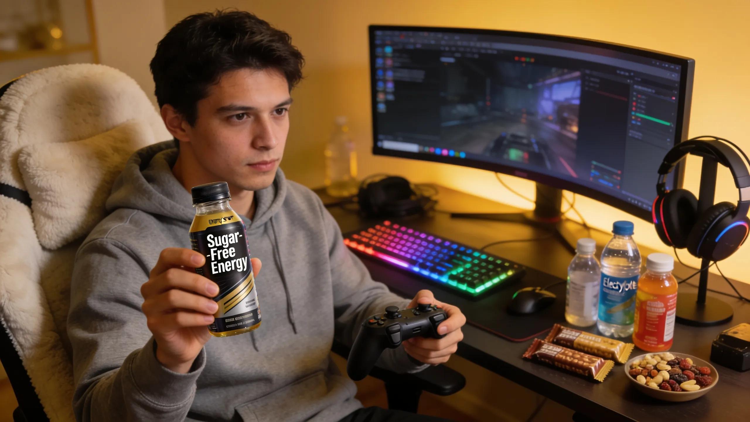 Gamer preparing for a session with sugar-free energy shot and gaming controller, demonstrating recommended usage