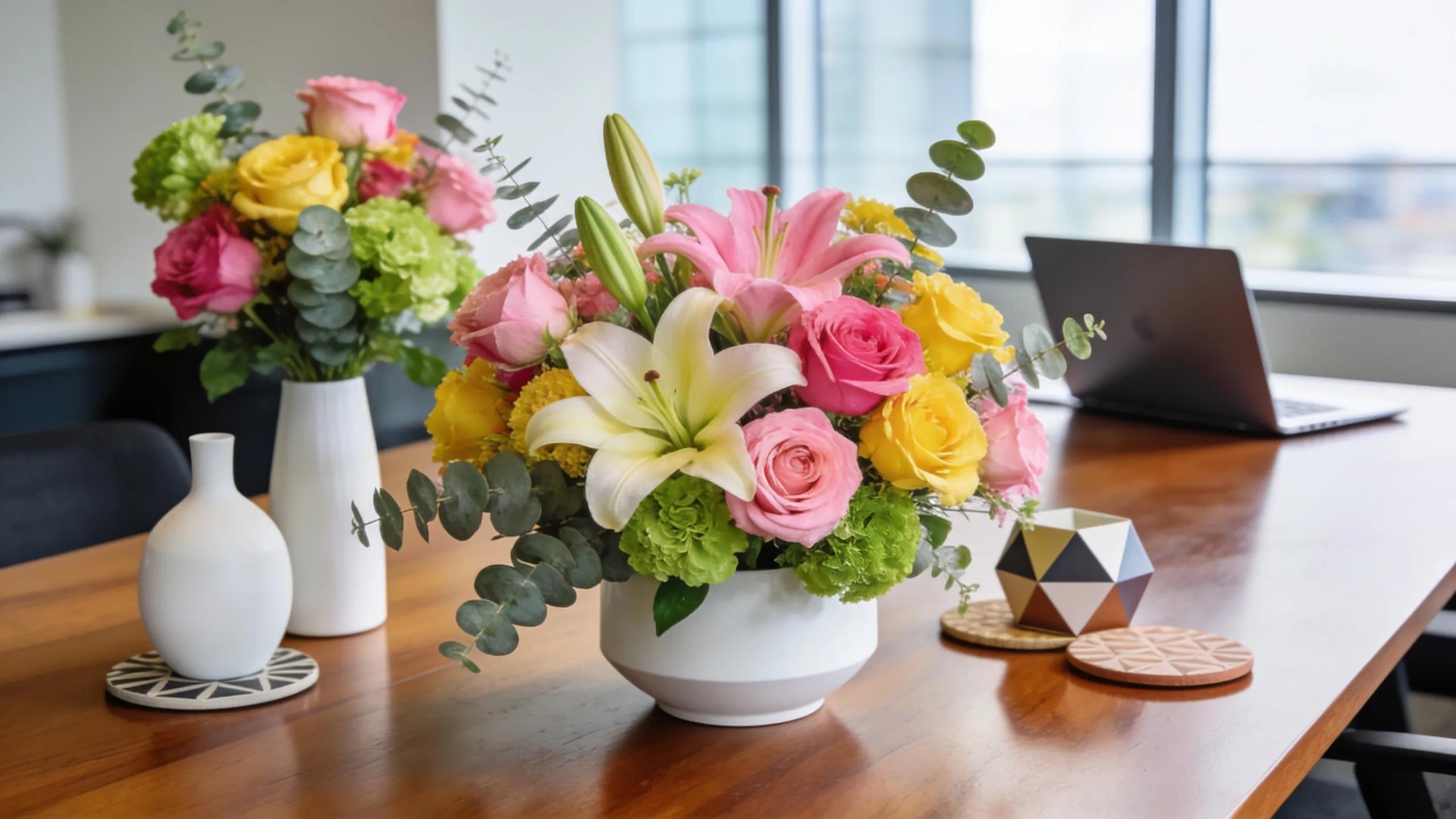Corporate floral arrangements enhancing professional office aesthetics