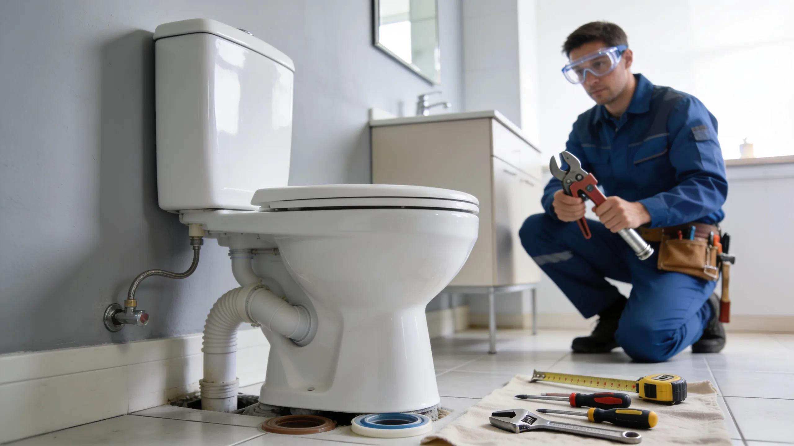Contractor installing a new toilet in a remodeled bathroom