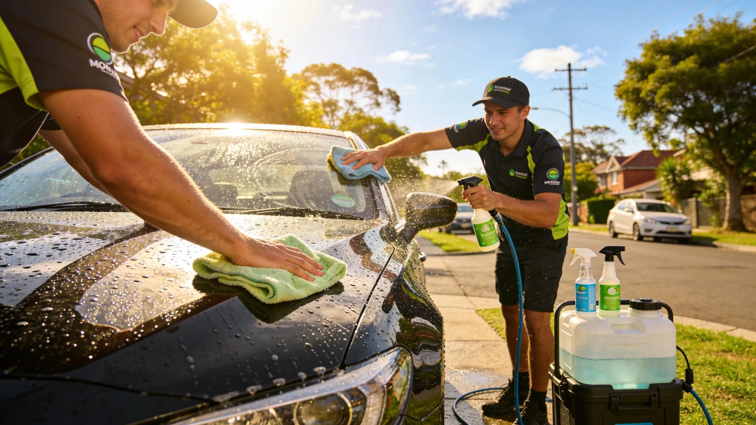 Mobile car detailing team cleaning a vehicle in a suburban Sydney street