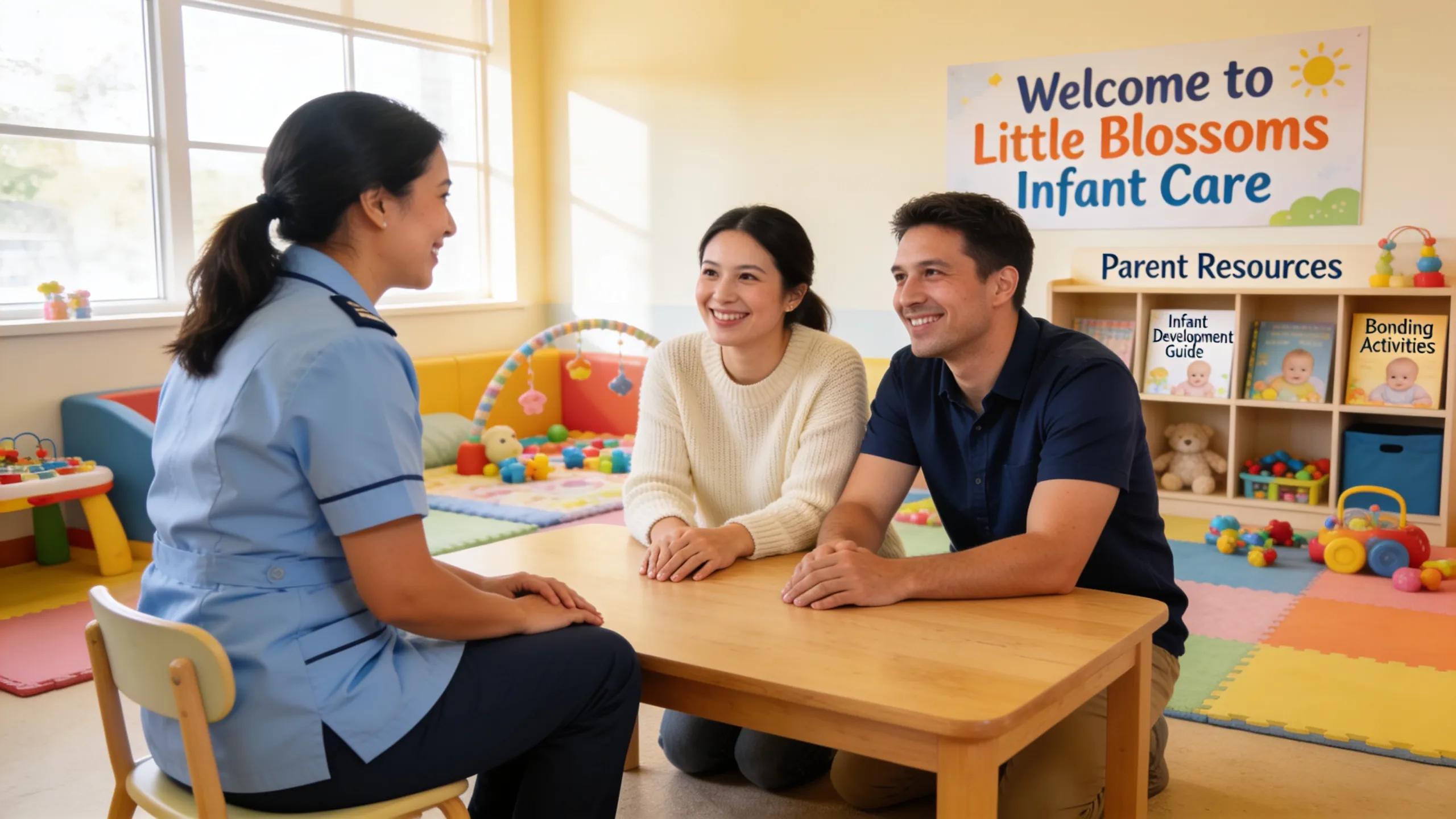 Caregiver discussing with parents in a welcoming infant care center, highlighting collaboration Caregiver discussing with parents in a welcoming infant care center, highlighting collaboration