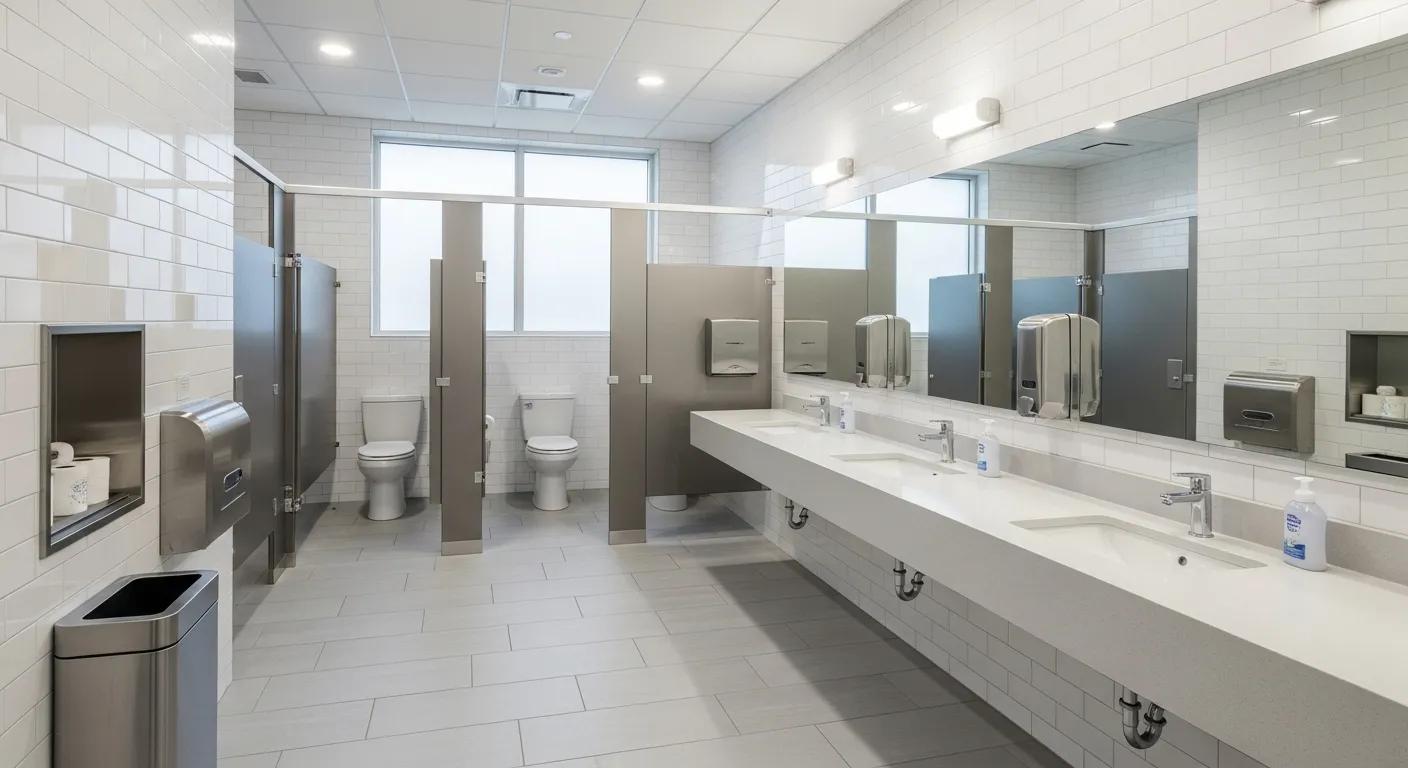 Spotless restroom with stocked supplies and clean surfaces Spotless restroom with stocked supplies and clean surfaces