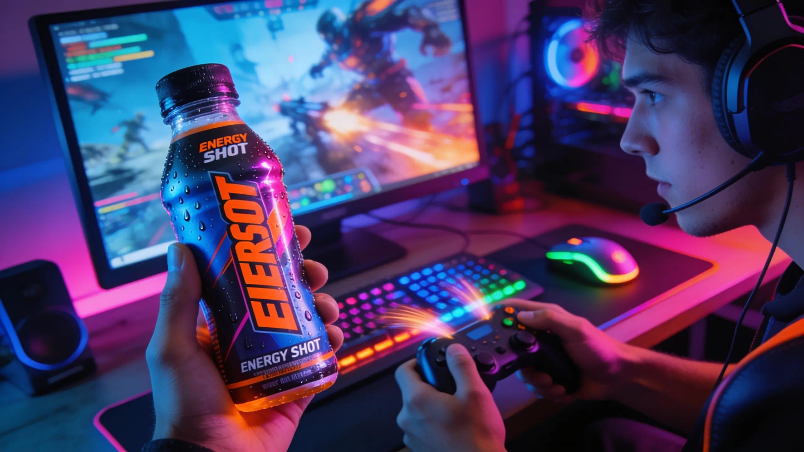 Energy shot for gamers with vibrant colors, showcasing focus and gaming equipment