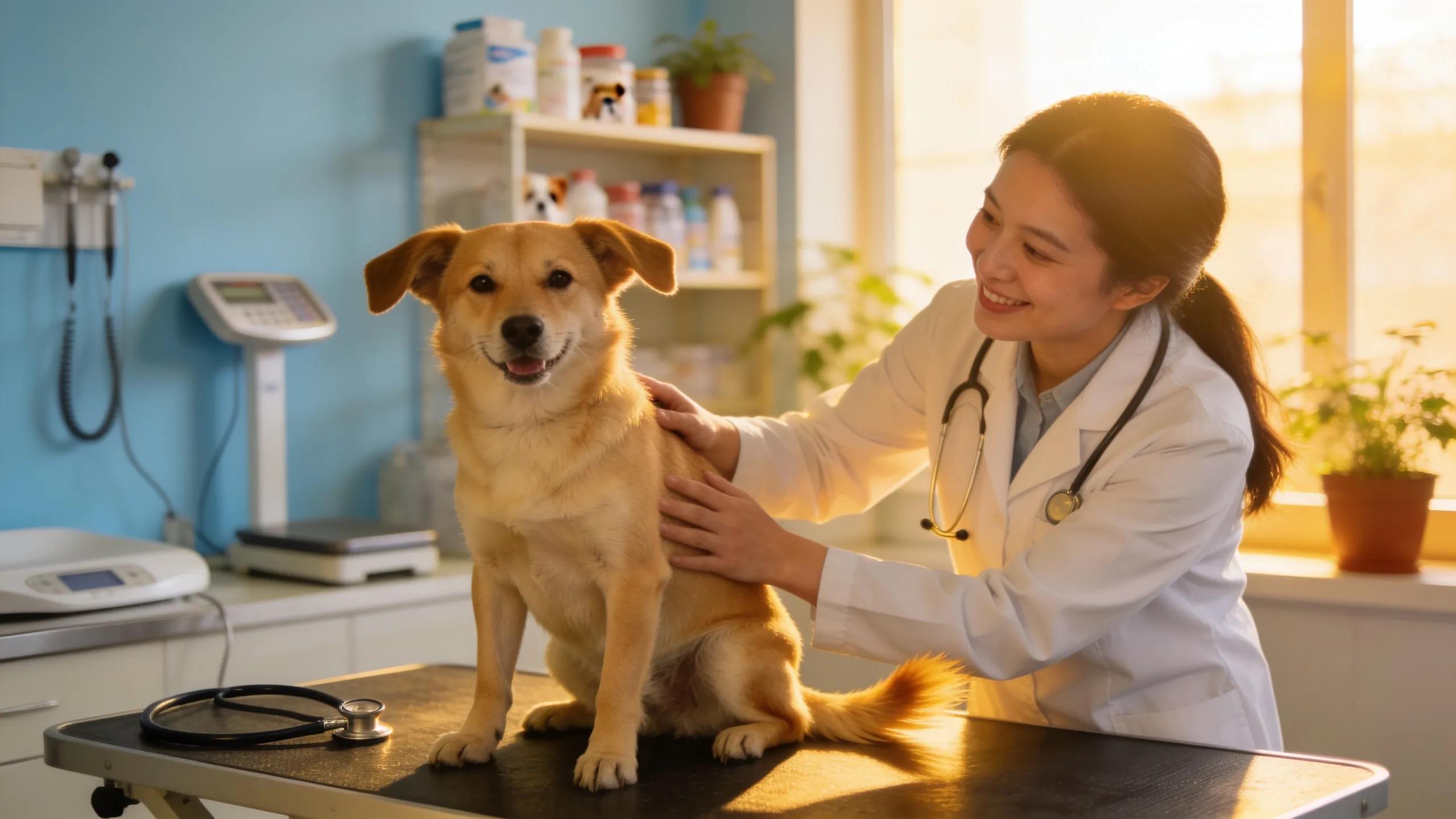 Veterinarian examining a dog in a caring clinic environment