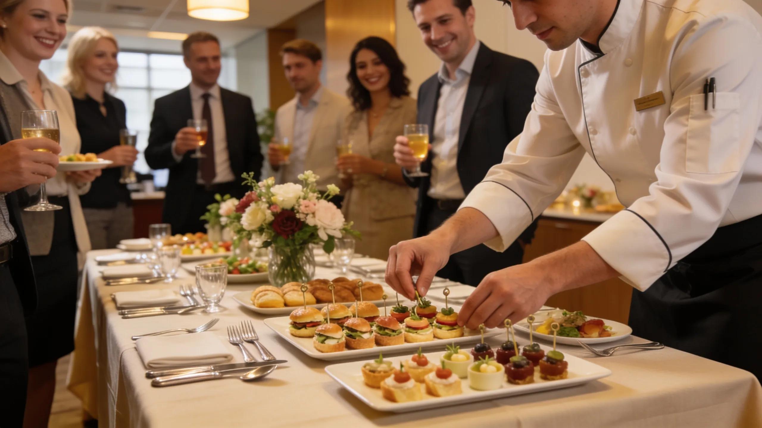 Canapés team setting up gourmet catering for a corporate office event
