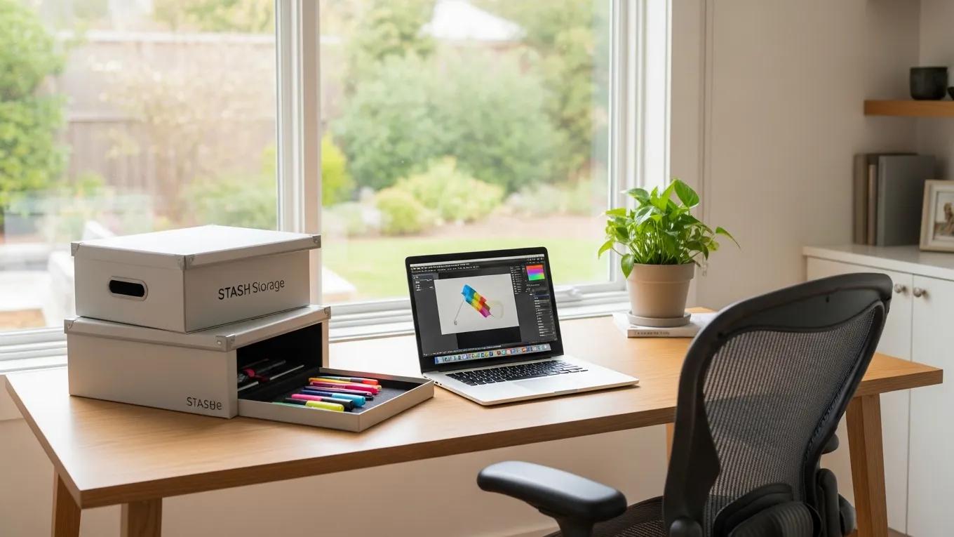 Modern home office with STASH Storage boxes and a laptop highlighting effortless access to belongings