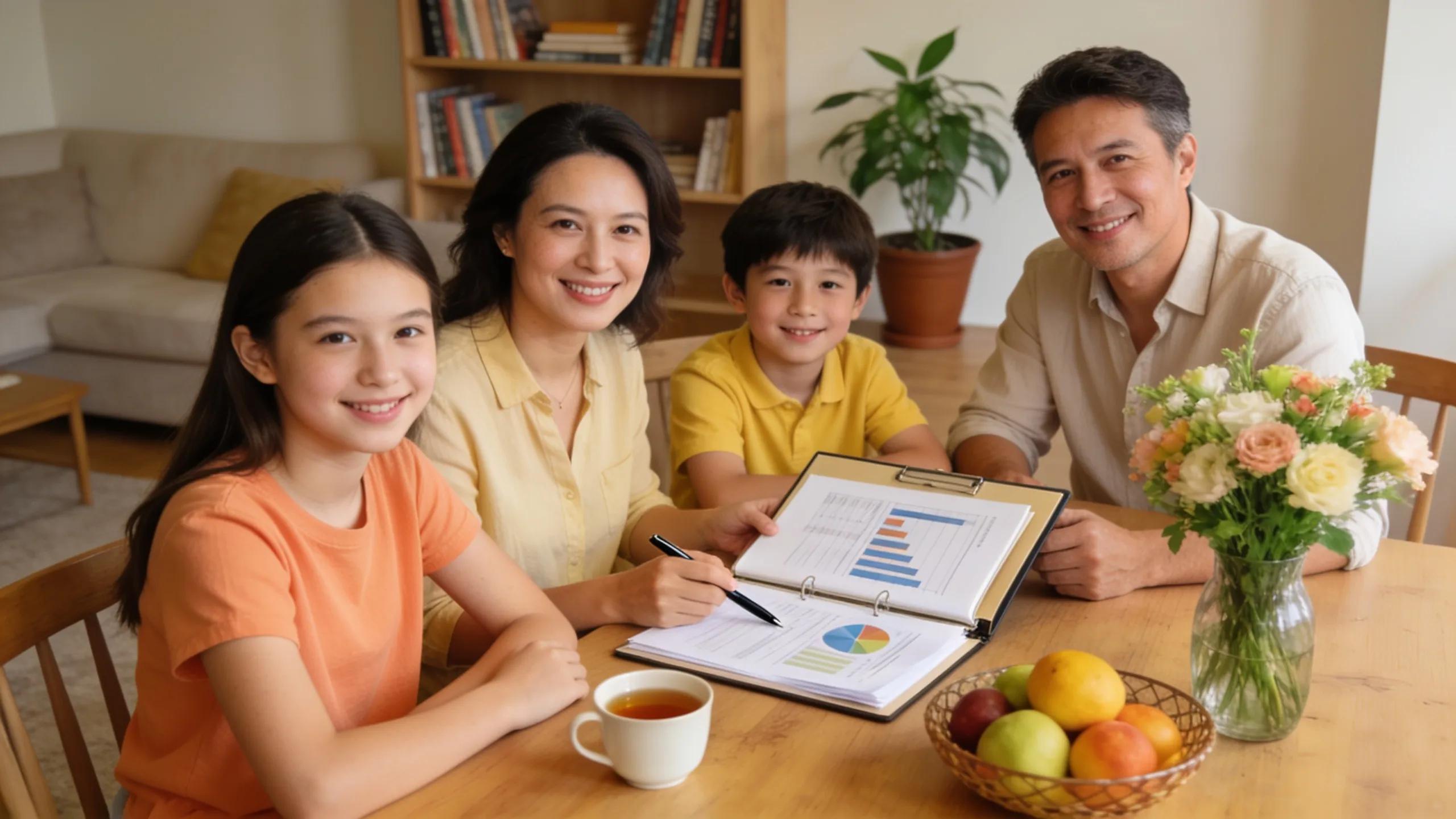 Family discussing financial planning in a warm home setting