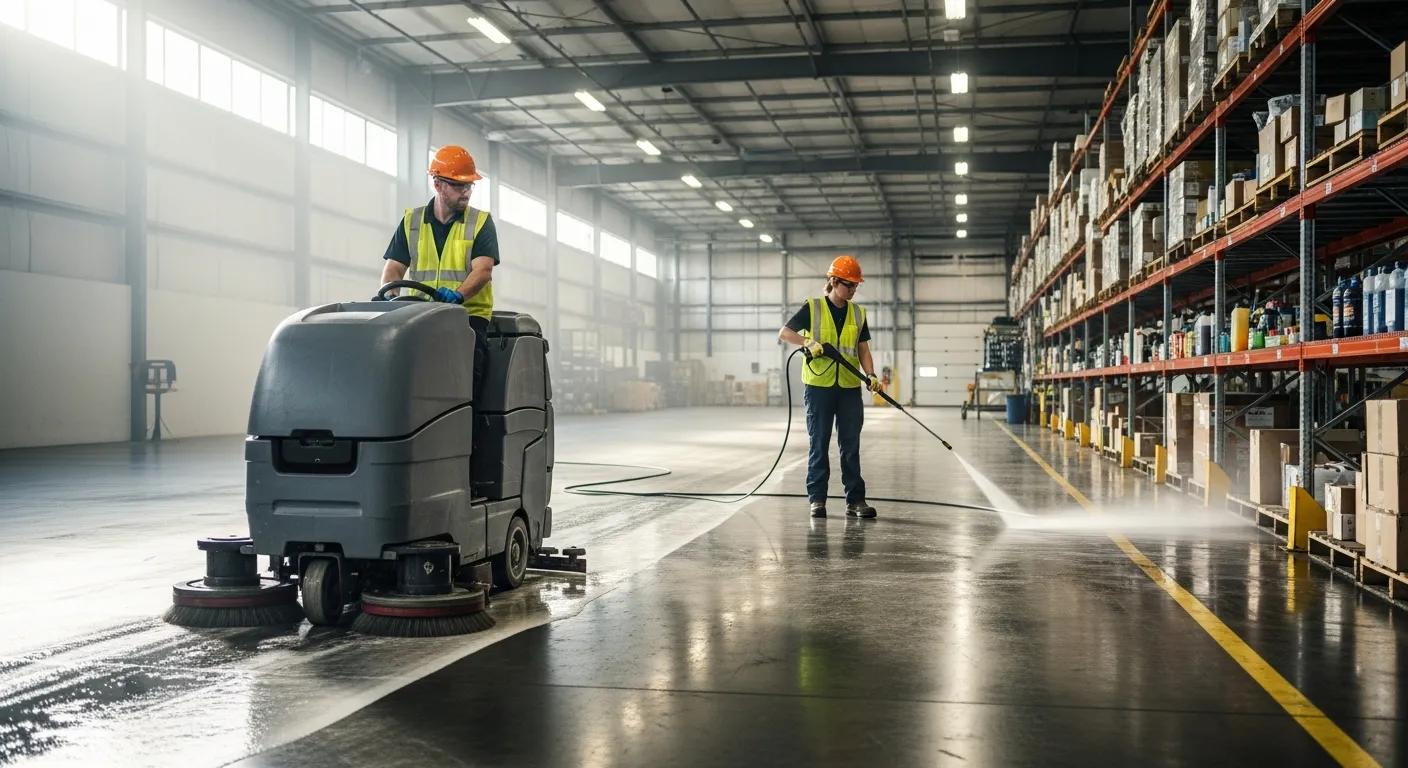 Technicians operating industrial cleaning equipment in a warehouse
