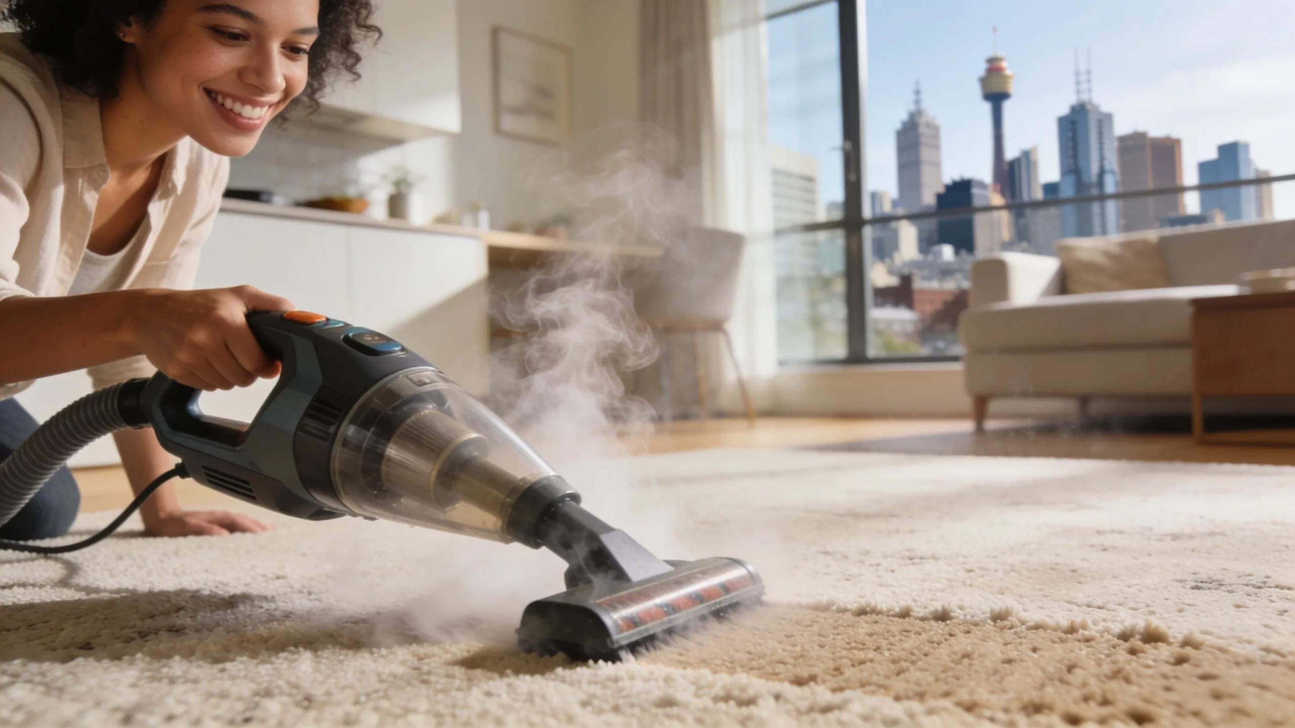 Person using a steam cleaner in a Melbourne apartment, emphasising the benefits of steam cleaning