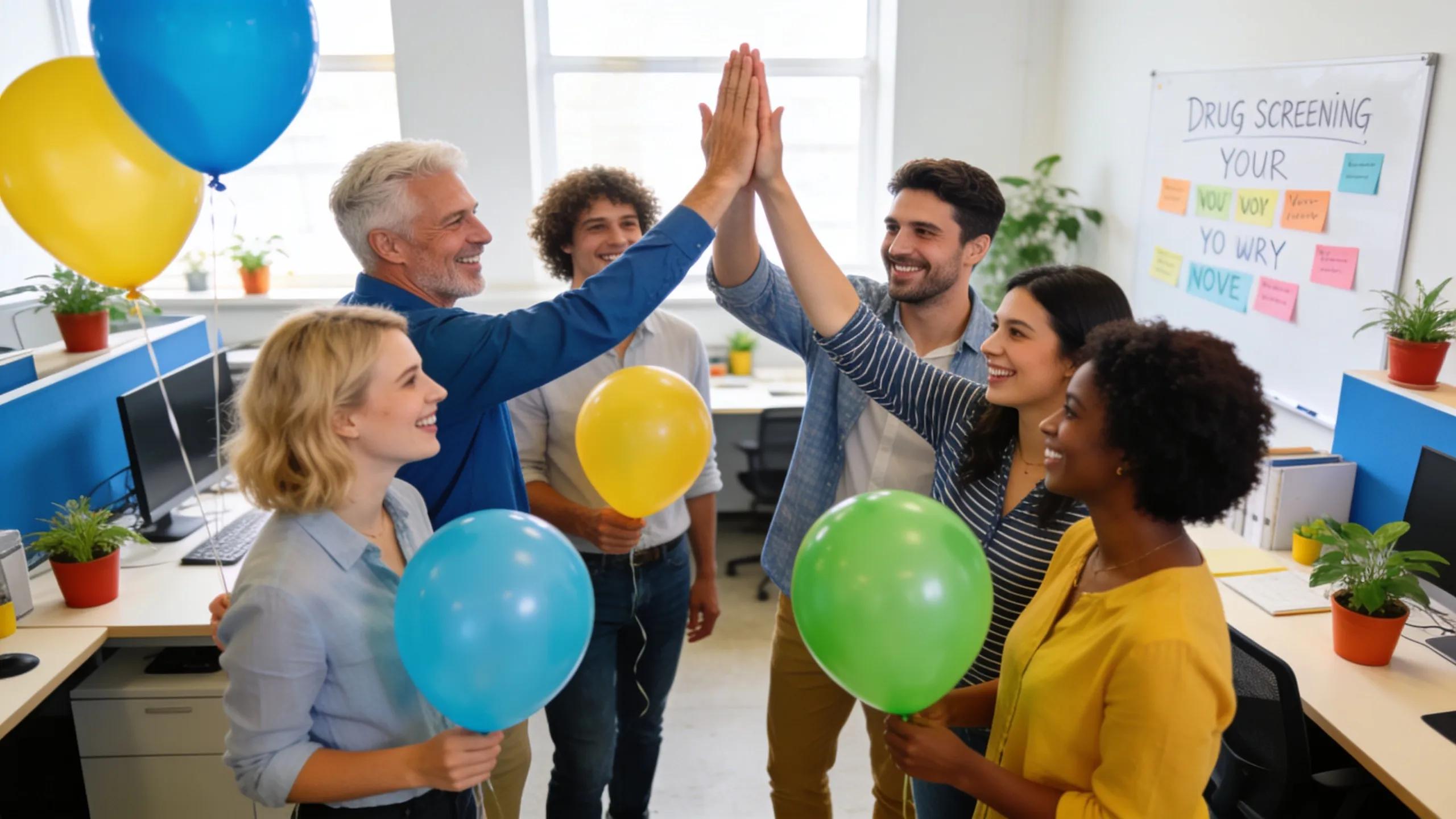 Employees in a workplace celebrating the implementation of an on-site drug testing program
