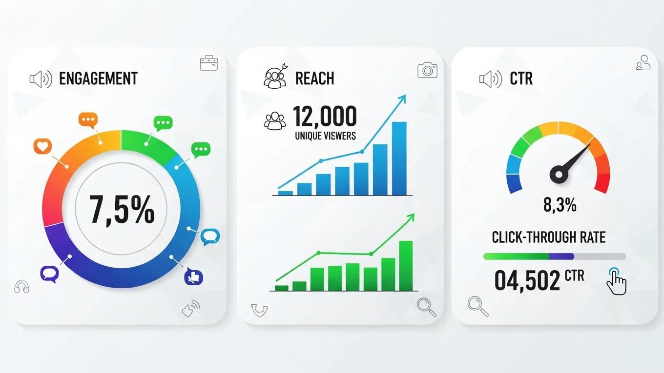 Engagement, reach, and click-through rate metrics displayed on digital analytics dashboard, illustrating social media performance indicators for effective marketing strategies.