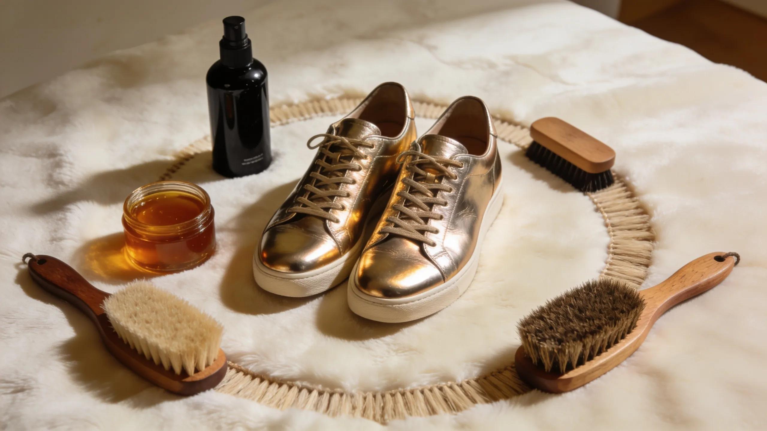 Premium leather care products with metallic leather sneakers in a stylish flat lay arrangement