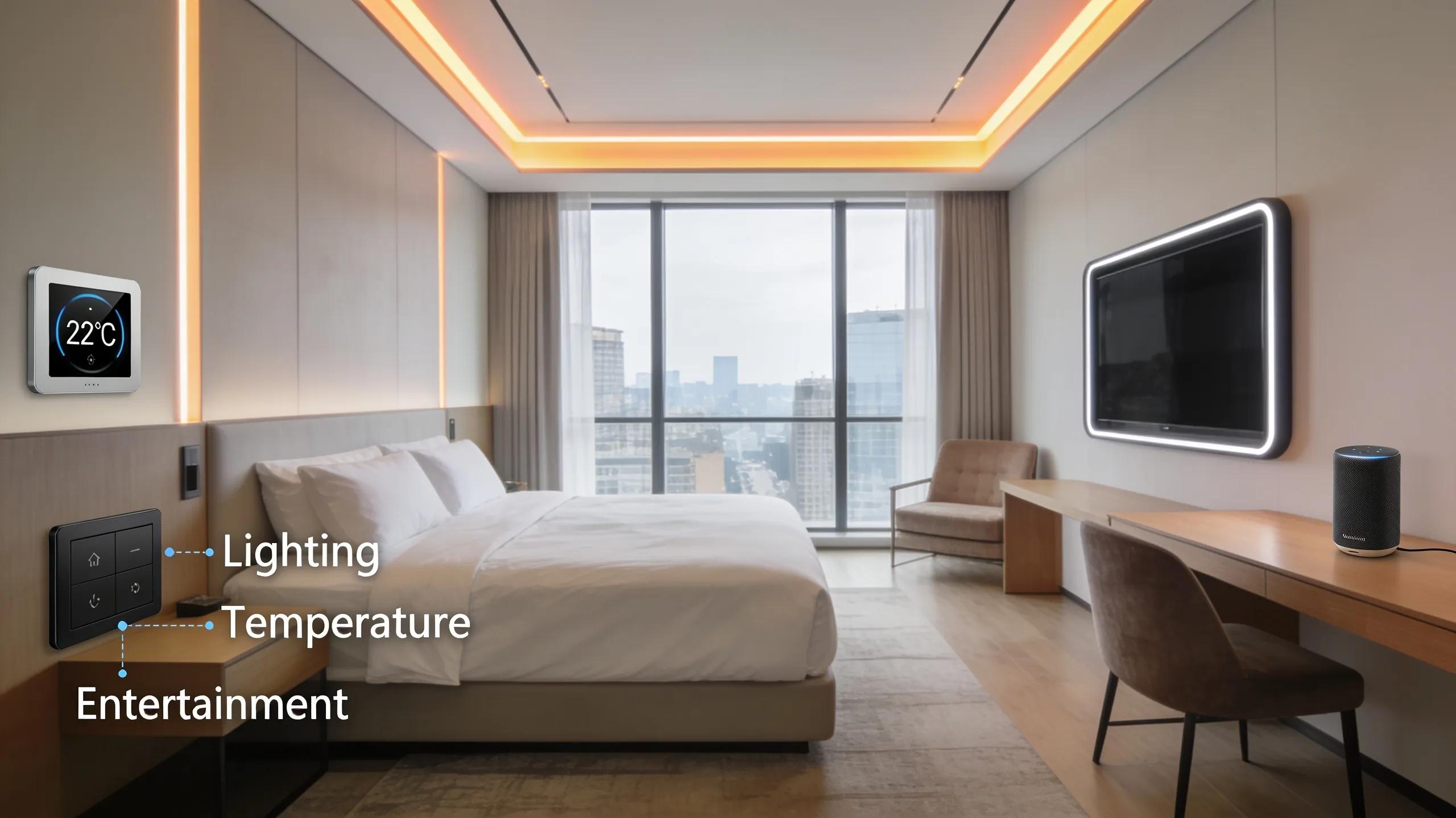Modern hotel room featuring smart technology integration with intelligent lighting and digital controls