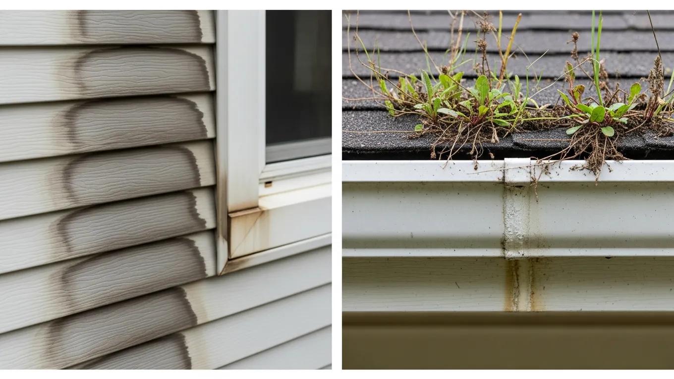 Water stains on fascia and overflowing gutter showing signs of clogged gutters