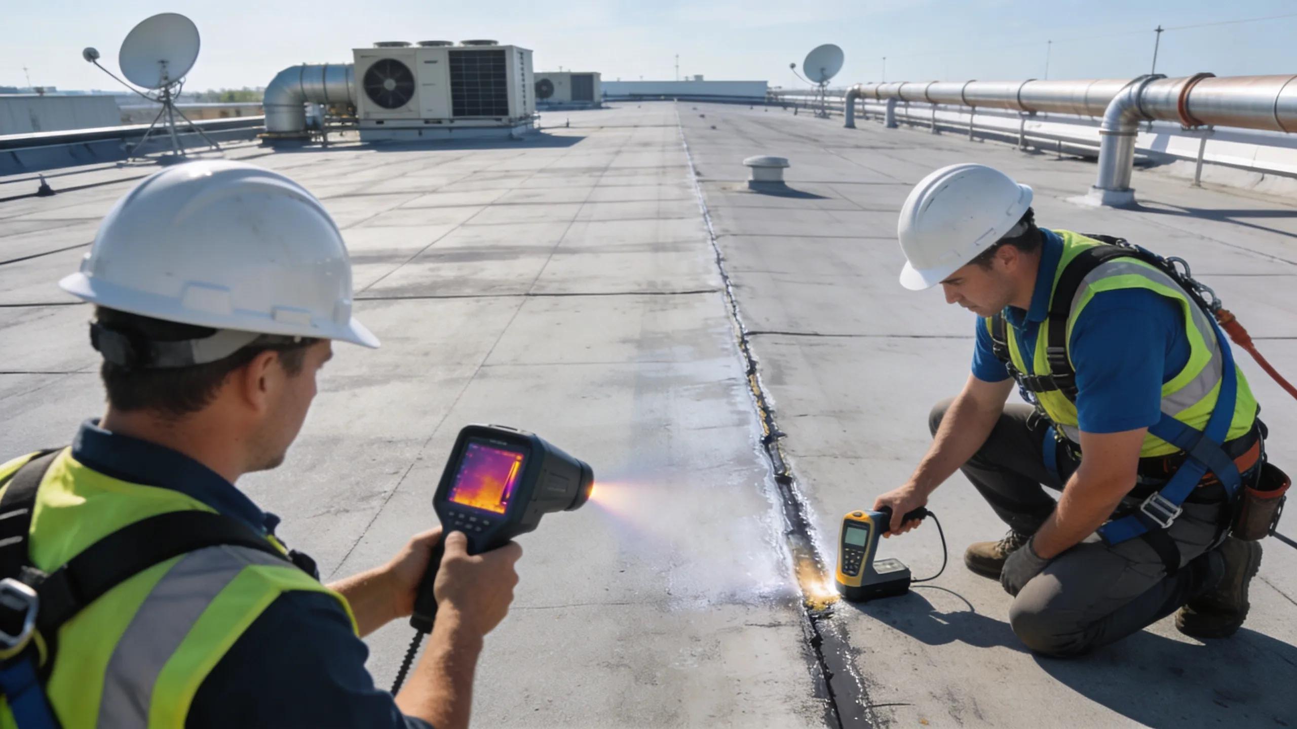 Technicians inspecting a commercial or industrial roof for issues and maintenance needs