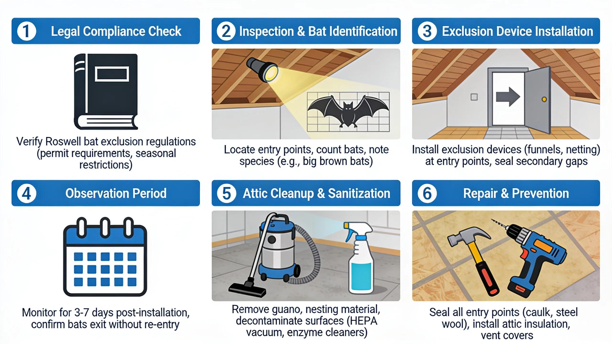 Six-step bat exclusion process for Roswell attics from legal compliance to attic repair