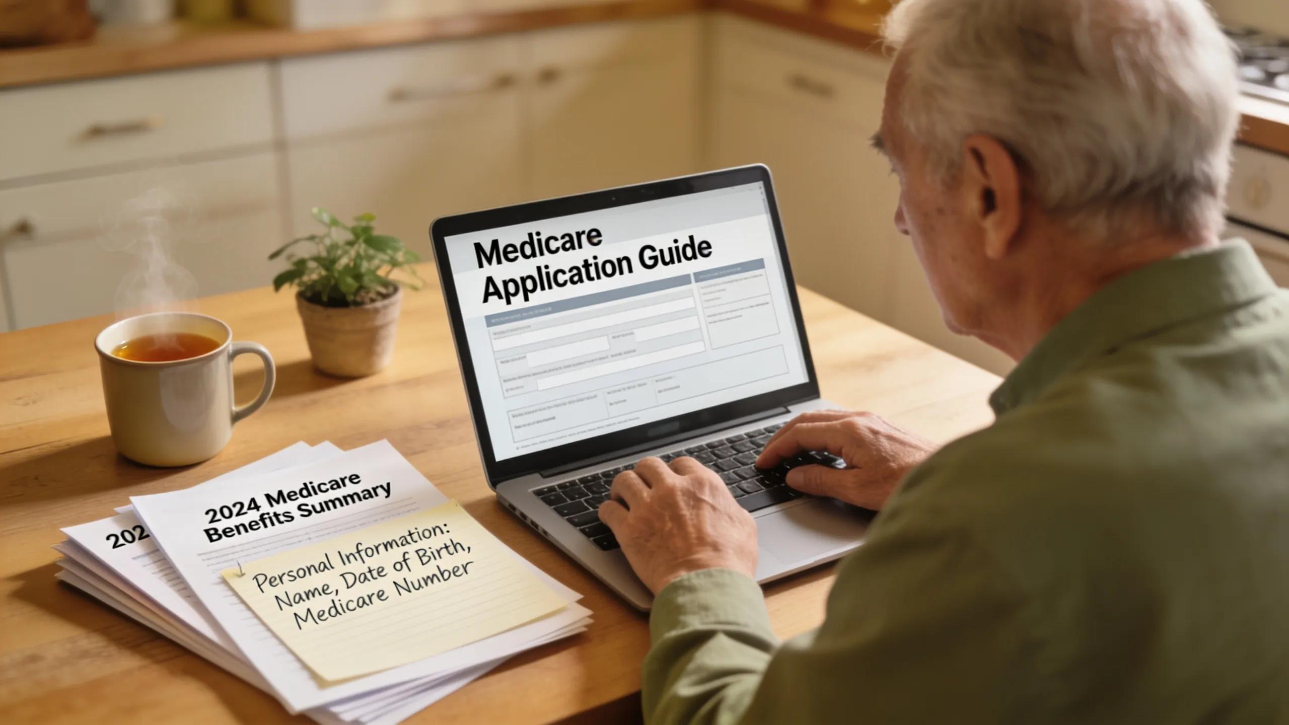 A senior completing a Medicare application online at a kitchen table