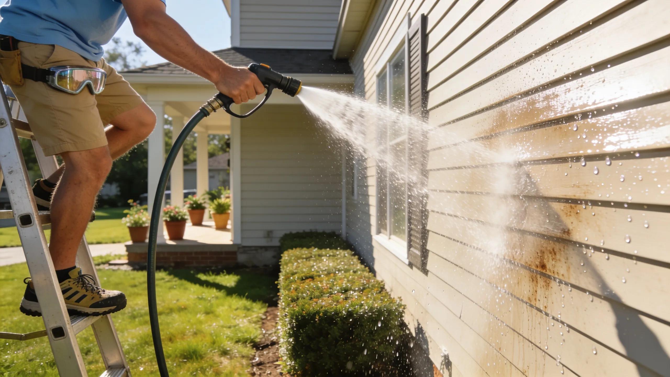 Homeowner cleaning vinyl siding to ensure long-lasting durability