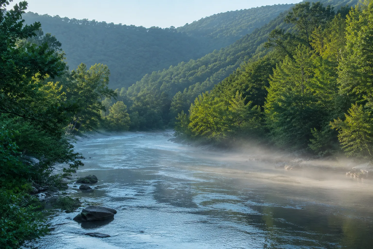 A photo of the Shenandoah River near Clarke County to highlight the outdoor recreation appeal that draws many relocators.