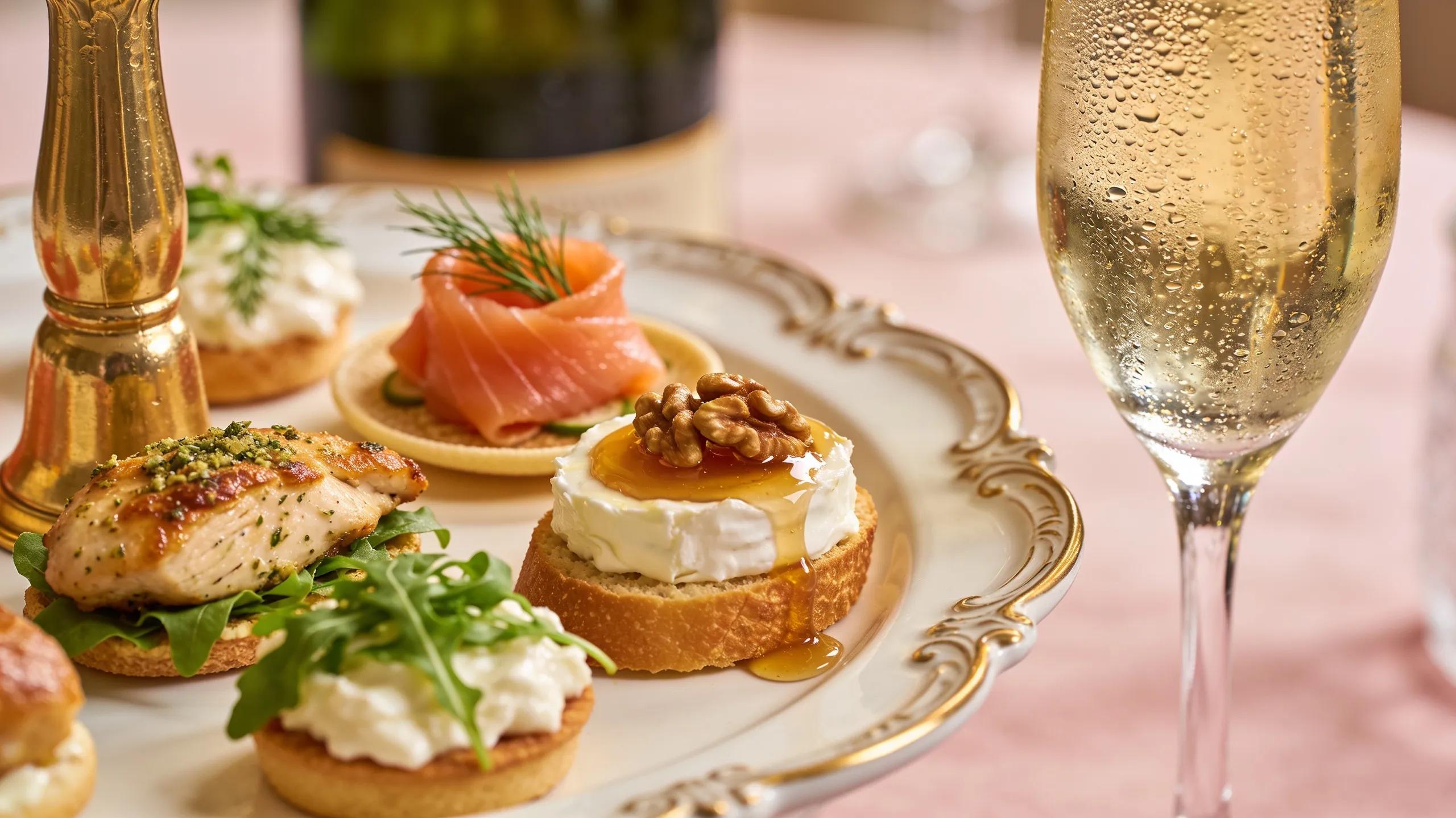 Artfully arranged champagne canapés including smoked salmon and goat cheese paired with champagne