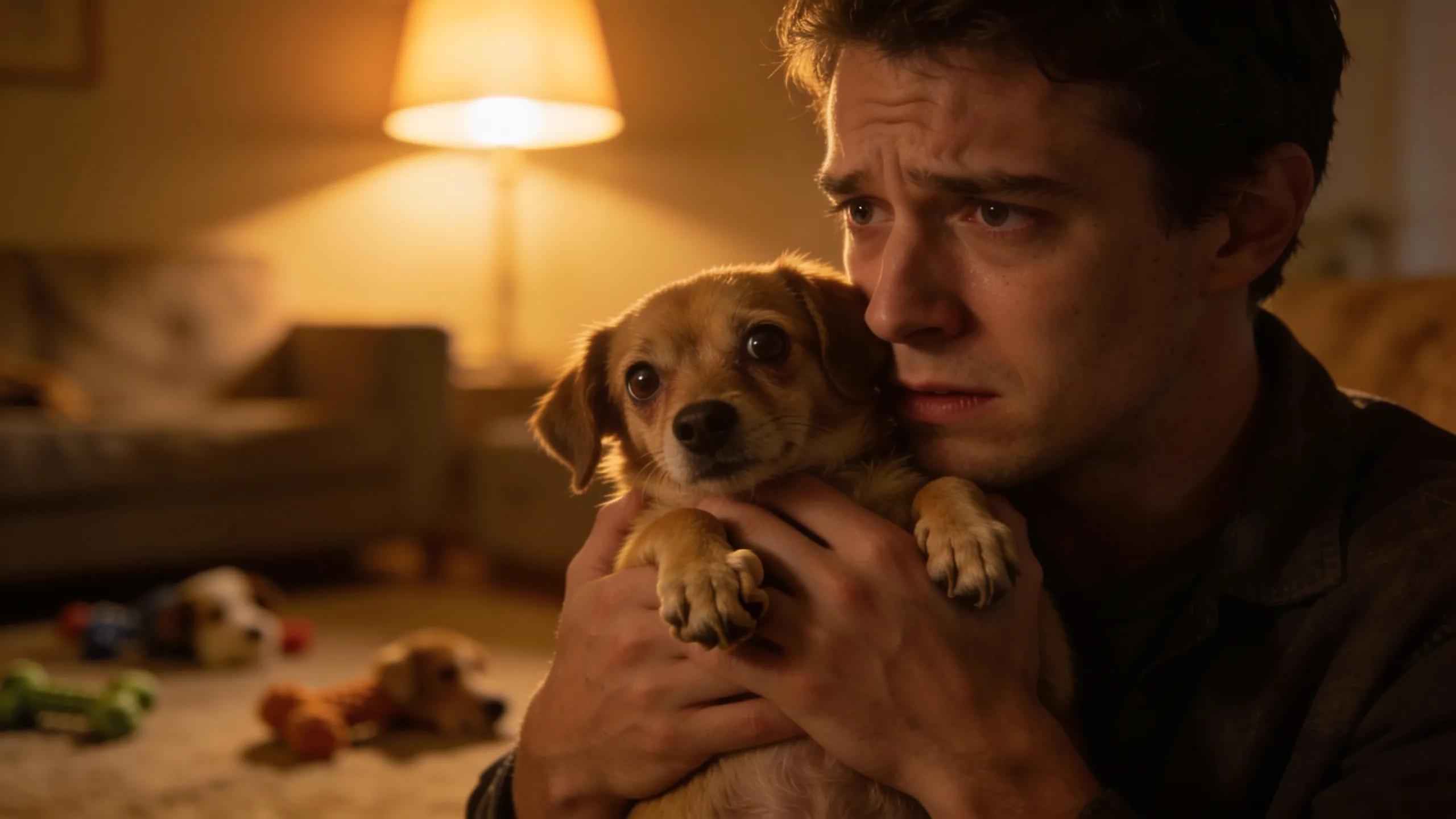 Pet owner holding a small dog in a caring manner, emphasizing the importance of pet emergency care