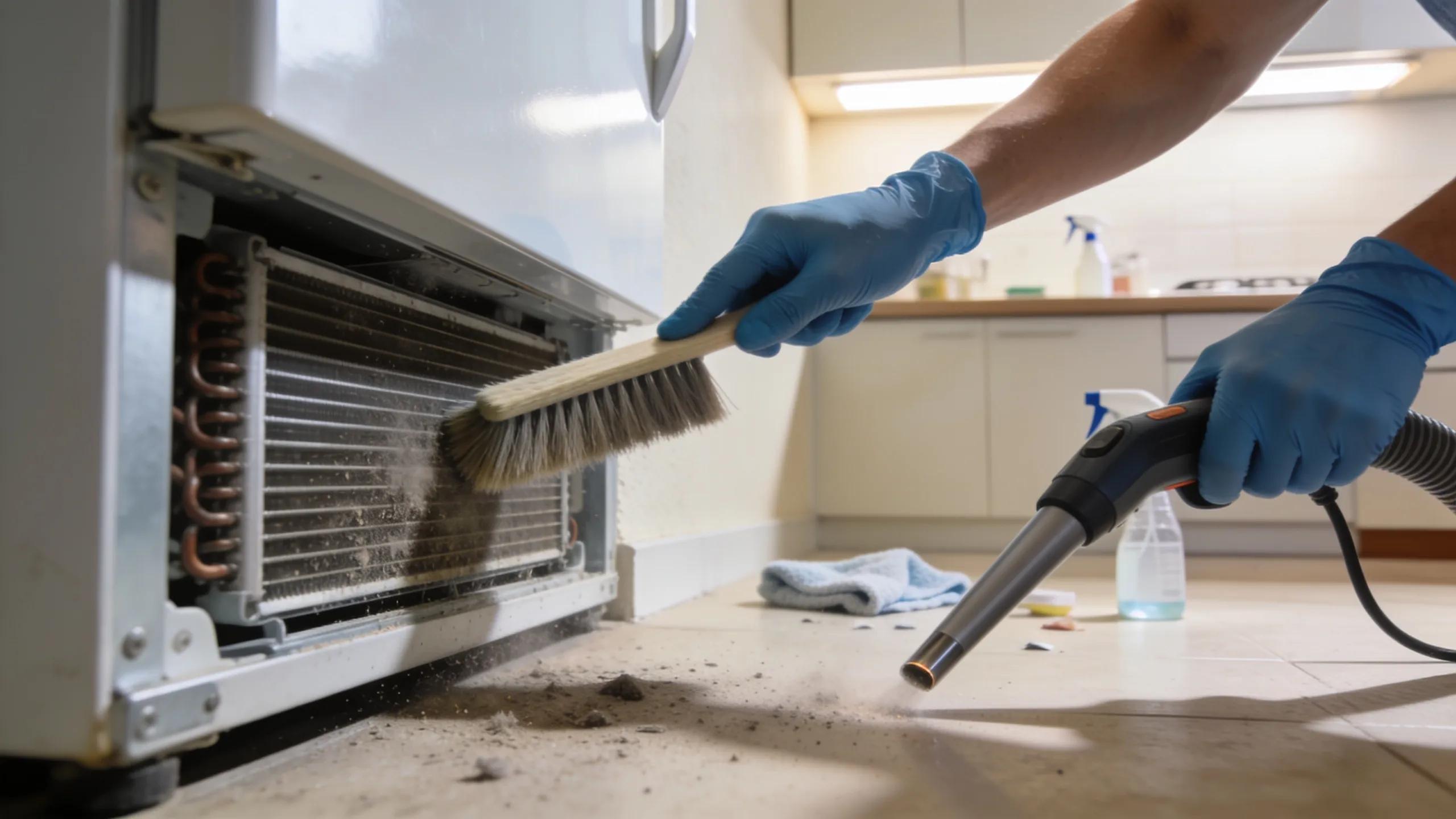 Person cleaning condenser coils of a refrigerator to promote maintenance and appliance longevity