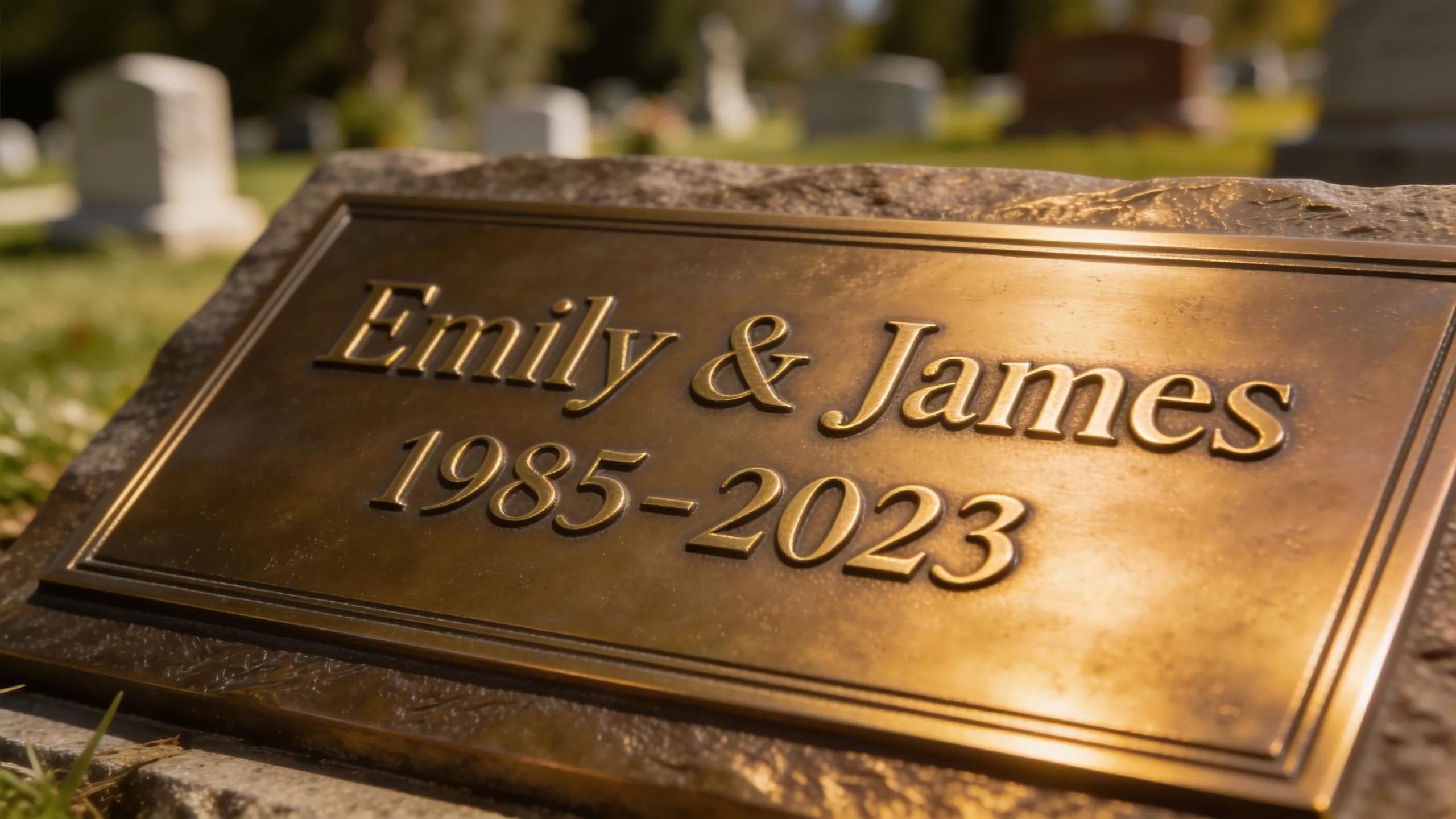 Close-up of a companion bronze flat plaque for two individuals, showcasing elegant engravings