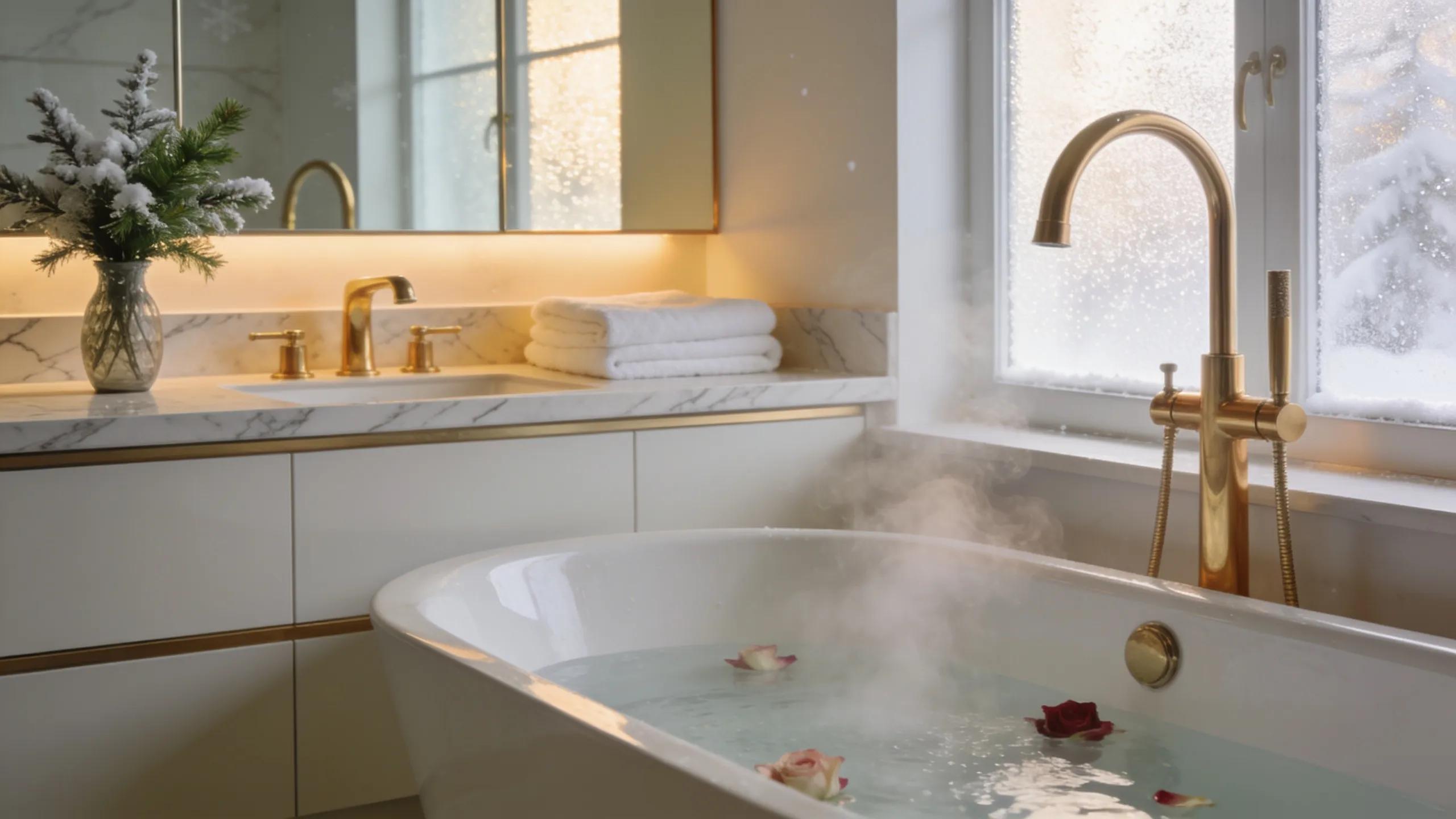 Modern bathroom featuring gold and brass fixtures, representing top homewares trends for winter 2026